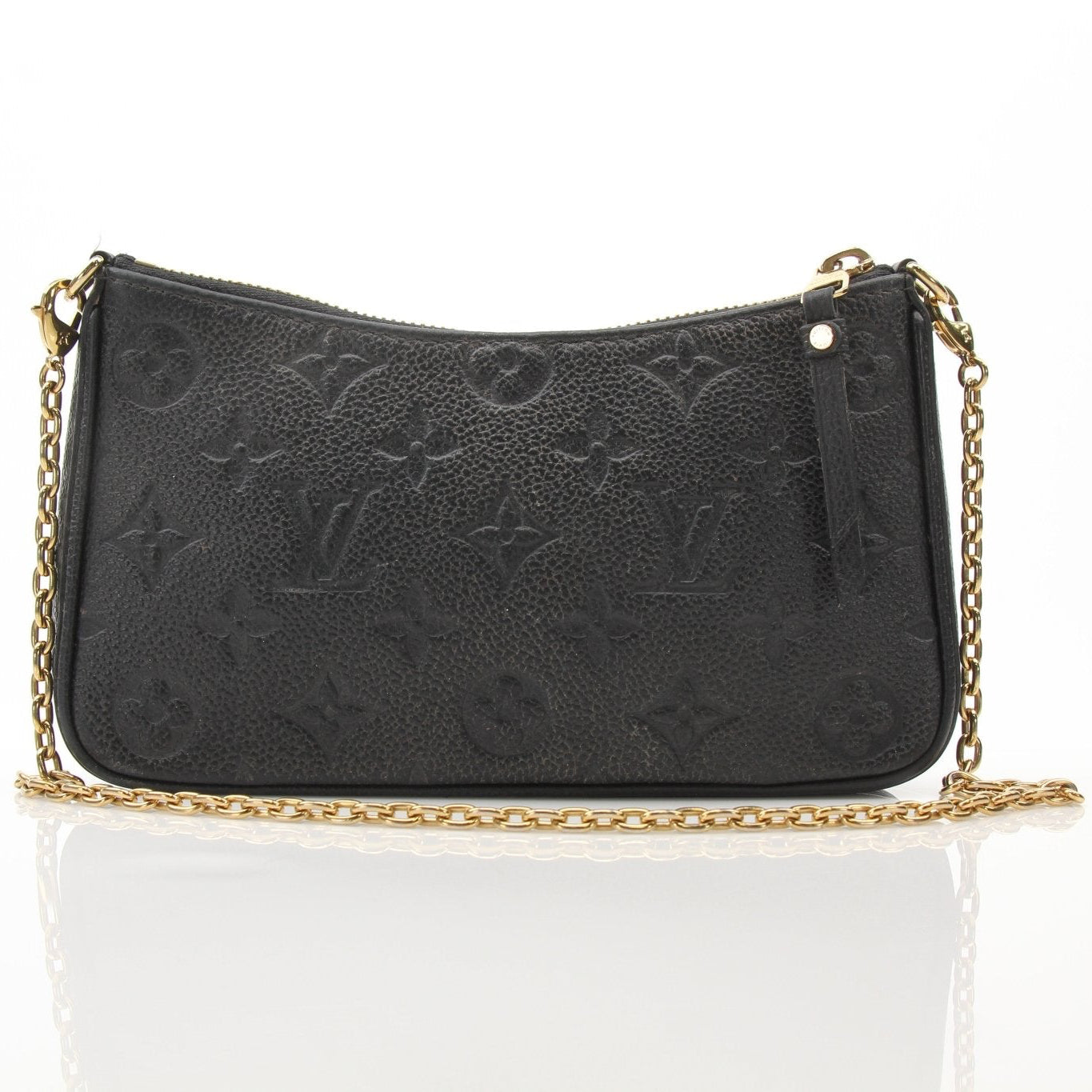 Louis Vuitton black Easy Pouch handbag on strap with gold accents, stylish accessory for everyday use.