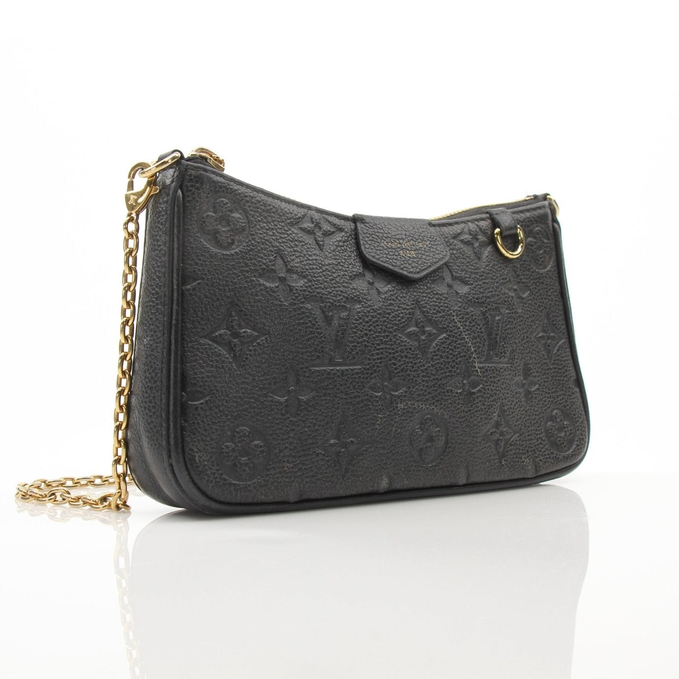 Louis Vuitton black Easy Pouch handbag on strap with gold accents, stylish accessory with sleek design.
