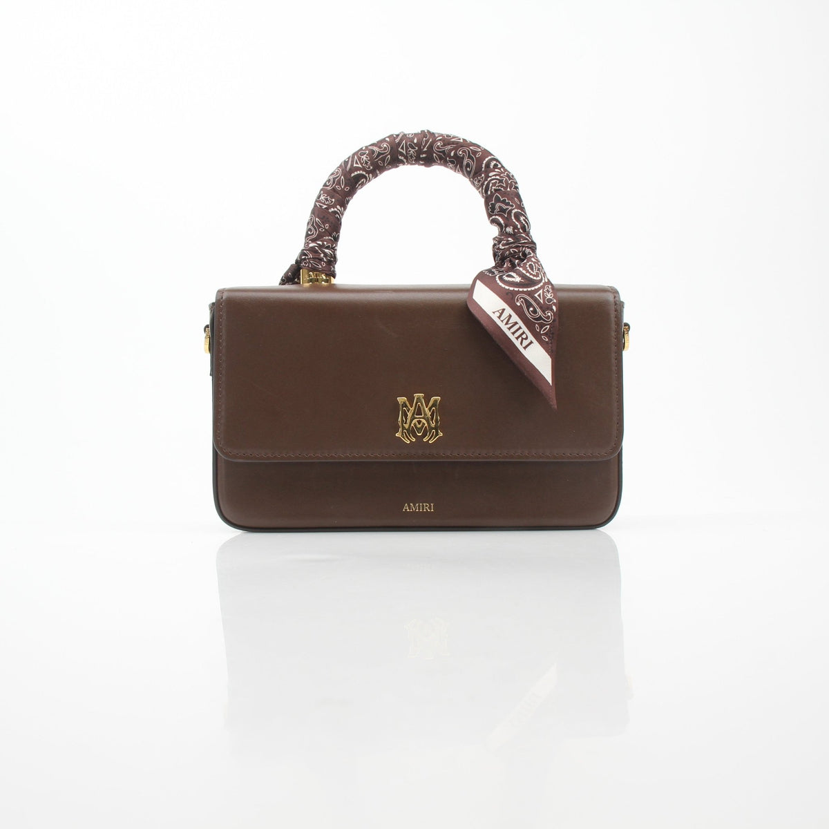 Brown Amiri bandana micro handbag with gold accents, featuring a compact design and adjustable strap, by Gold & Beyond.