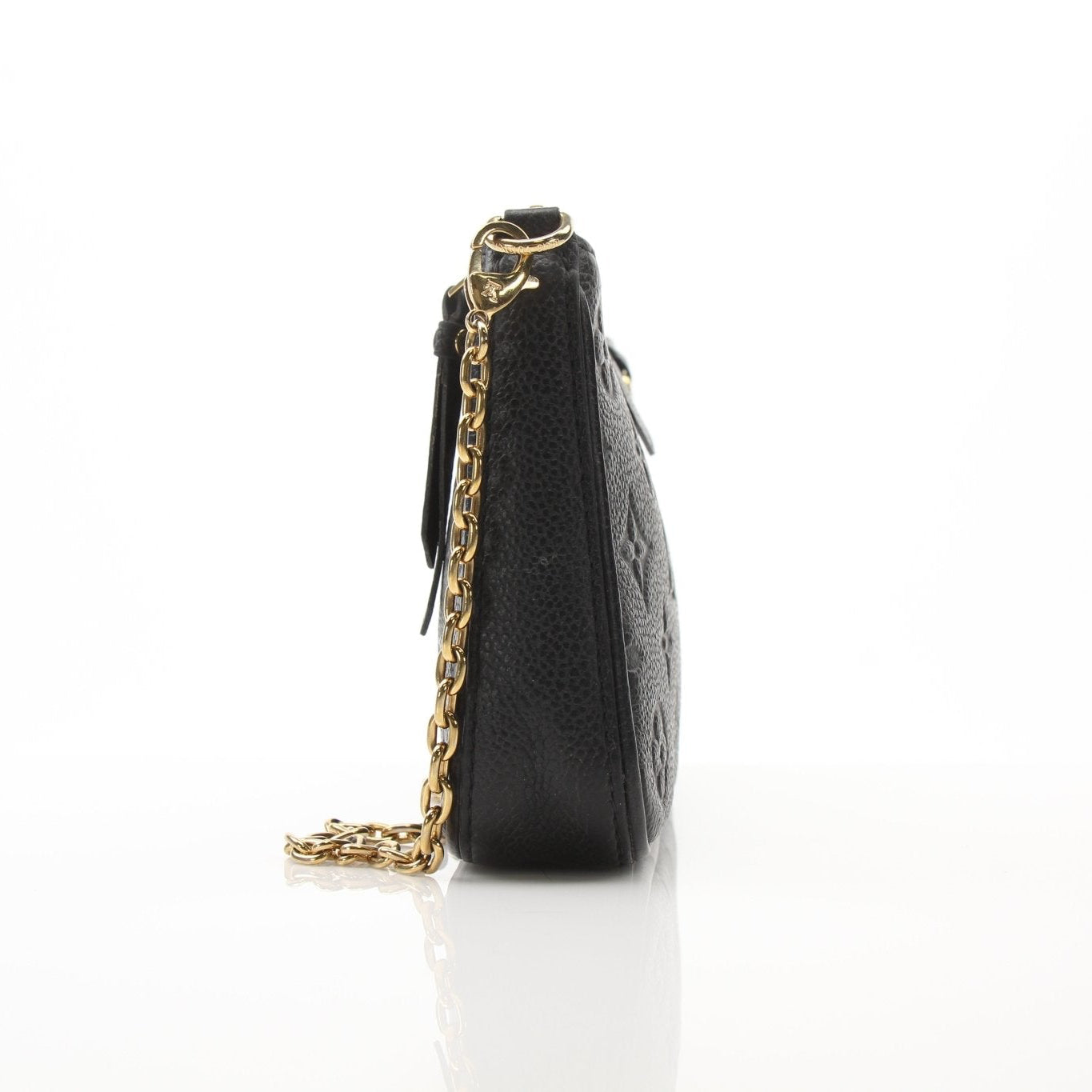 Louis Vuitton black Easy Pouch handbag on strap, stylish and compact accessory with gold hardware, shown on a plain background.