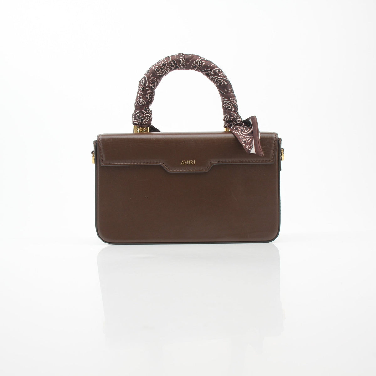 Brown Amiri bandana micro handbag by Gold & Beyond with gold hardware and adjustable strap, featuring a stylish, compact design.
