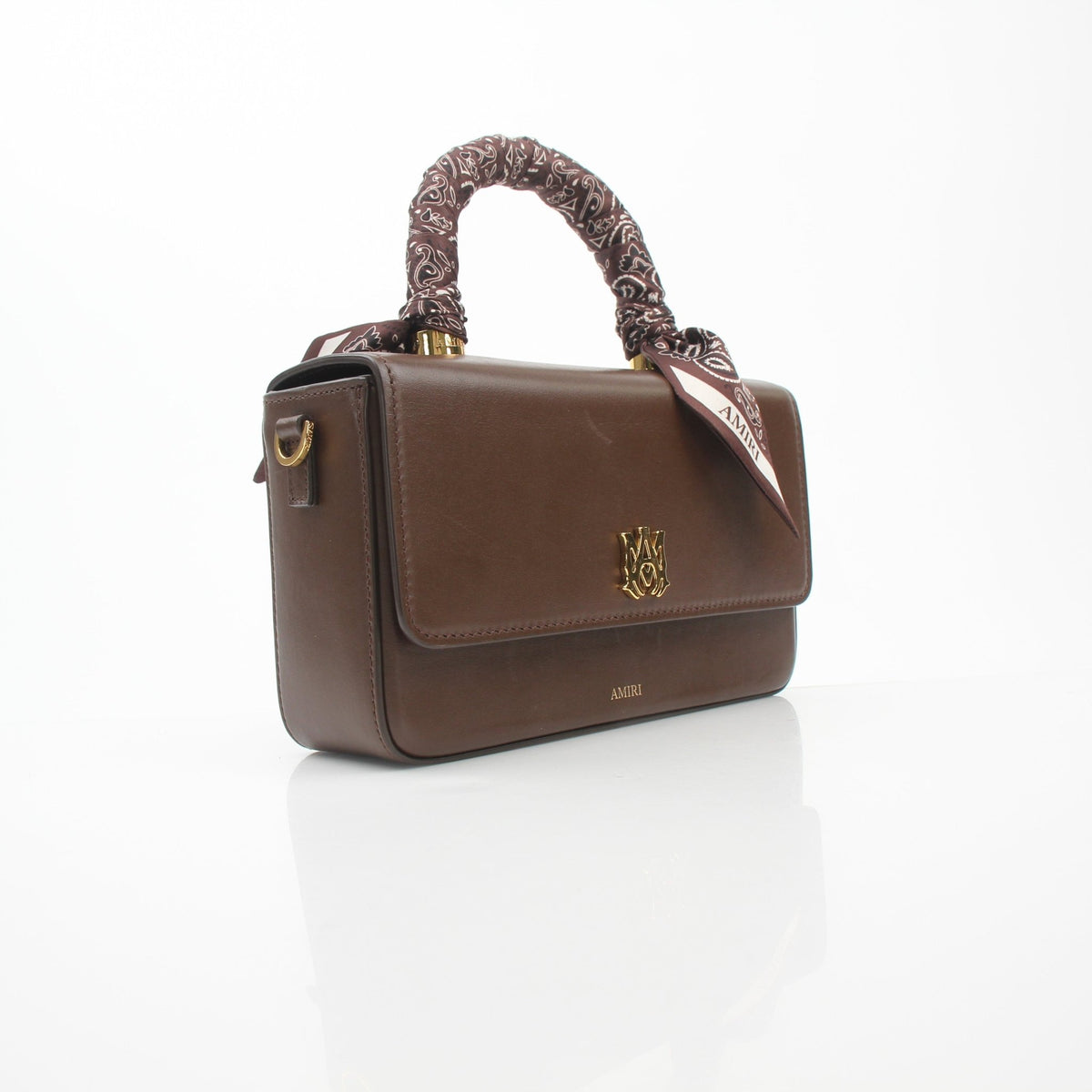 Gold & Beyond Amiri brown bandana micro M.A. handbag with adjustable strap and signature design, styled for everyday use.