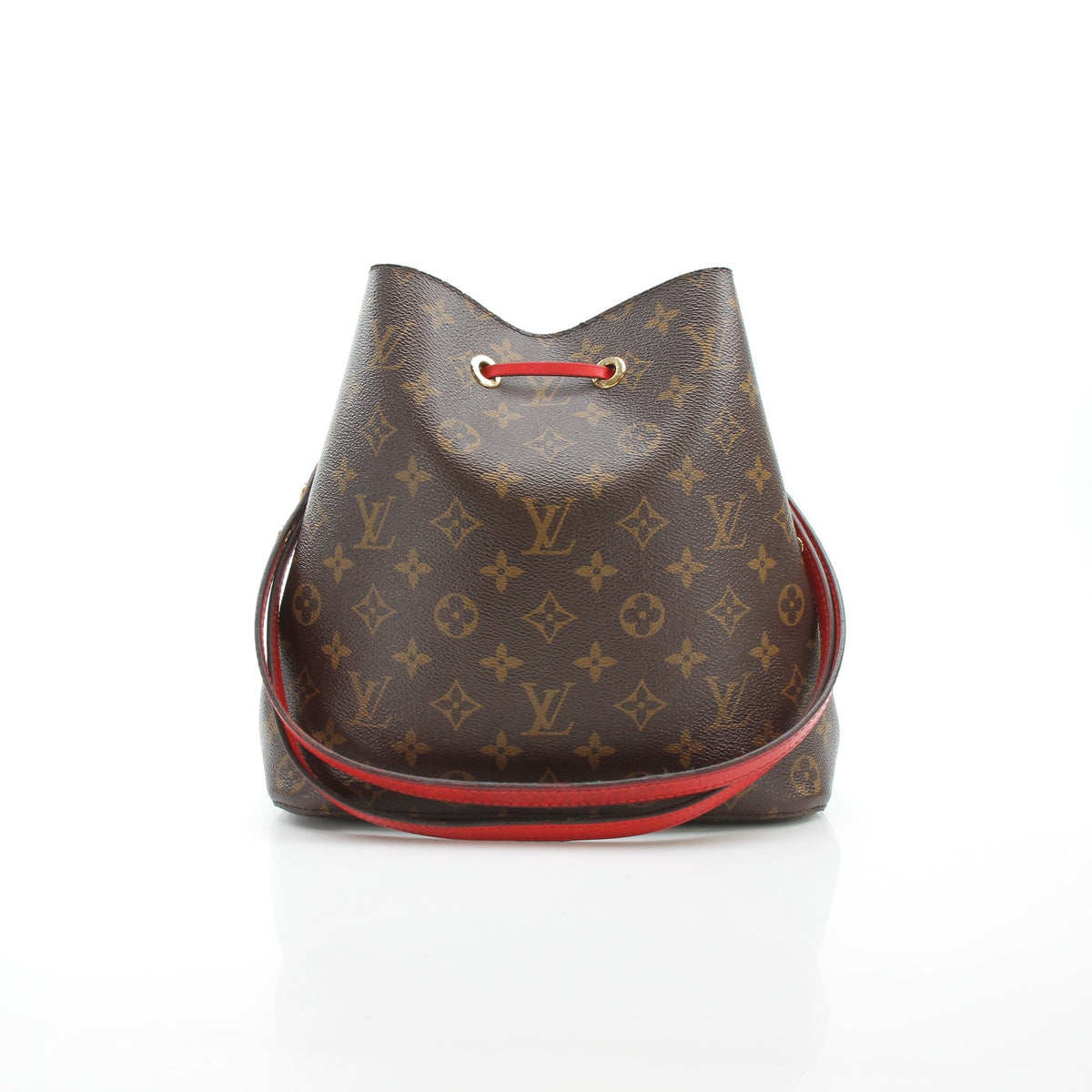 Louis Vuitton NéoNoé MM Monogram Coquelicot red bucket handbag with drawstring closure and shoulder strap