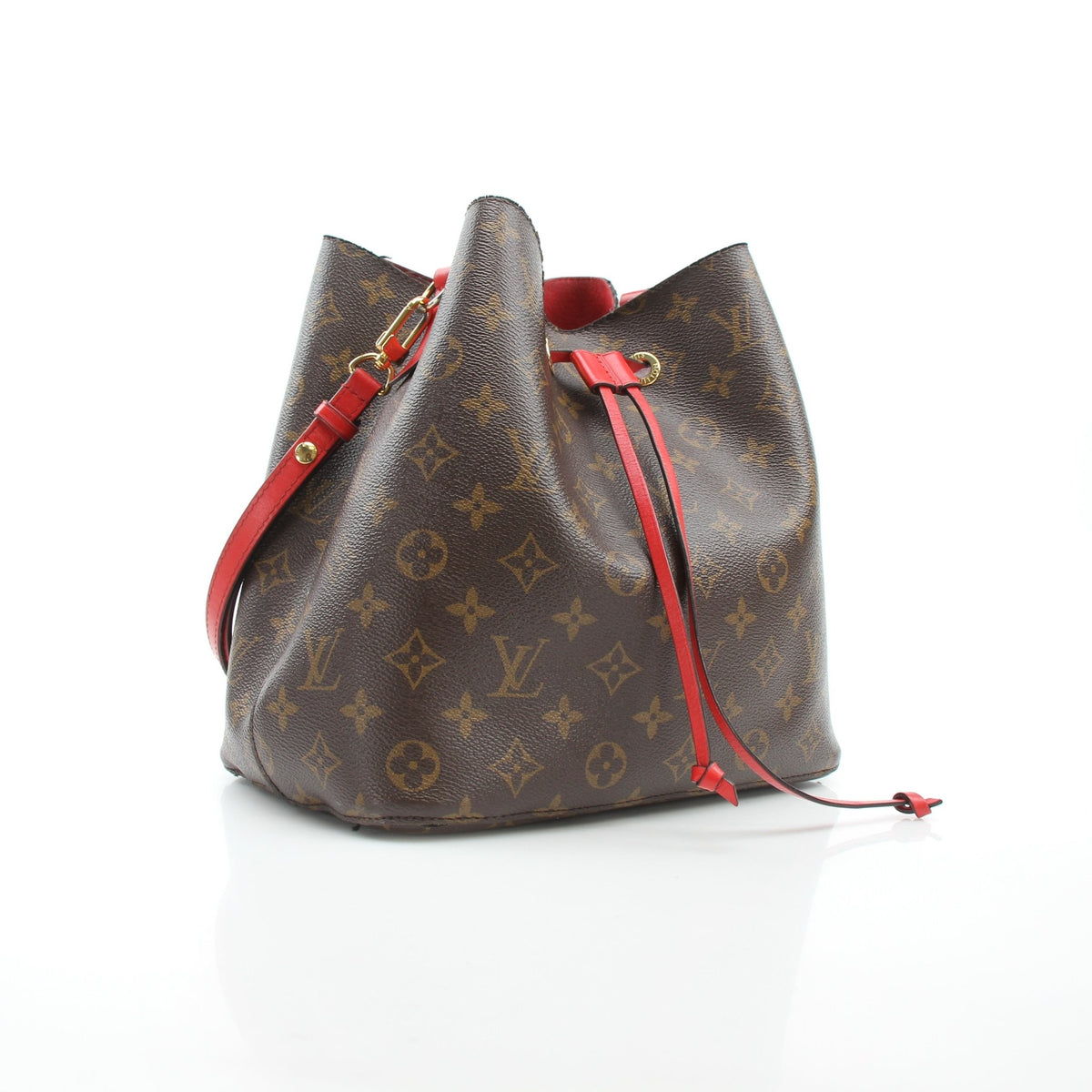 Louis Vuitton NéoNoé MM Monogram Coquelicot red bucket handbag with drawstring closure and leather trim
