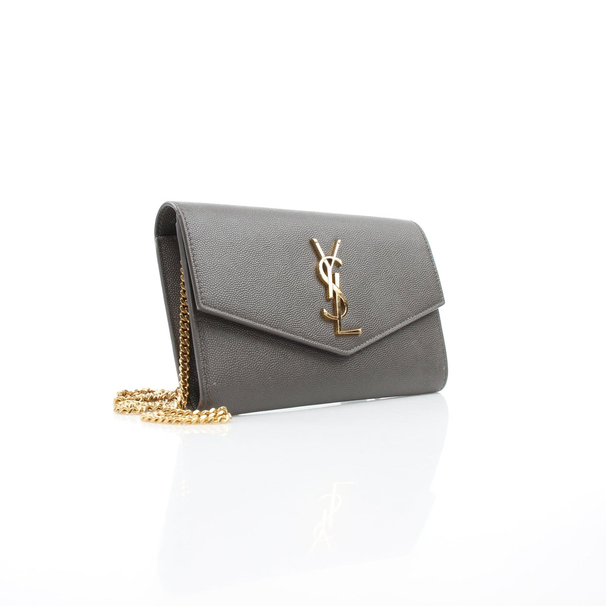 Saint Laurent Uptown chain wallet in dark gray grain de poudre leather with gold-tone chain strap