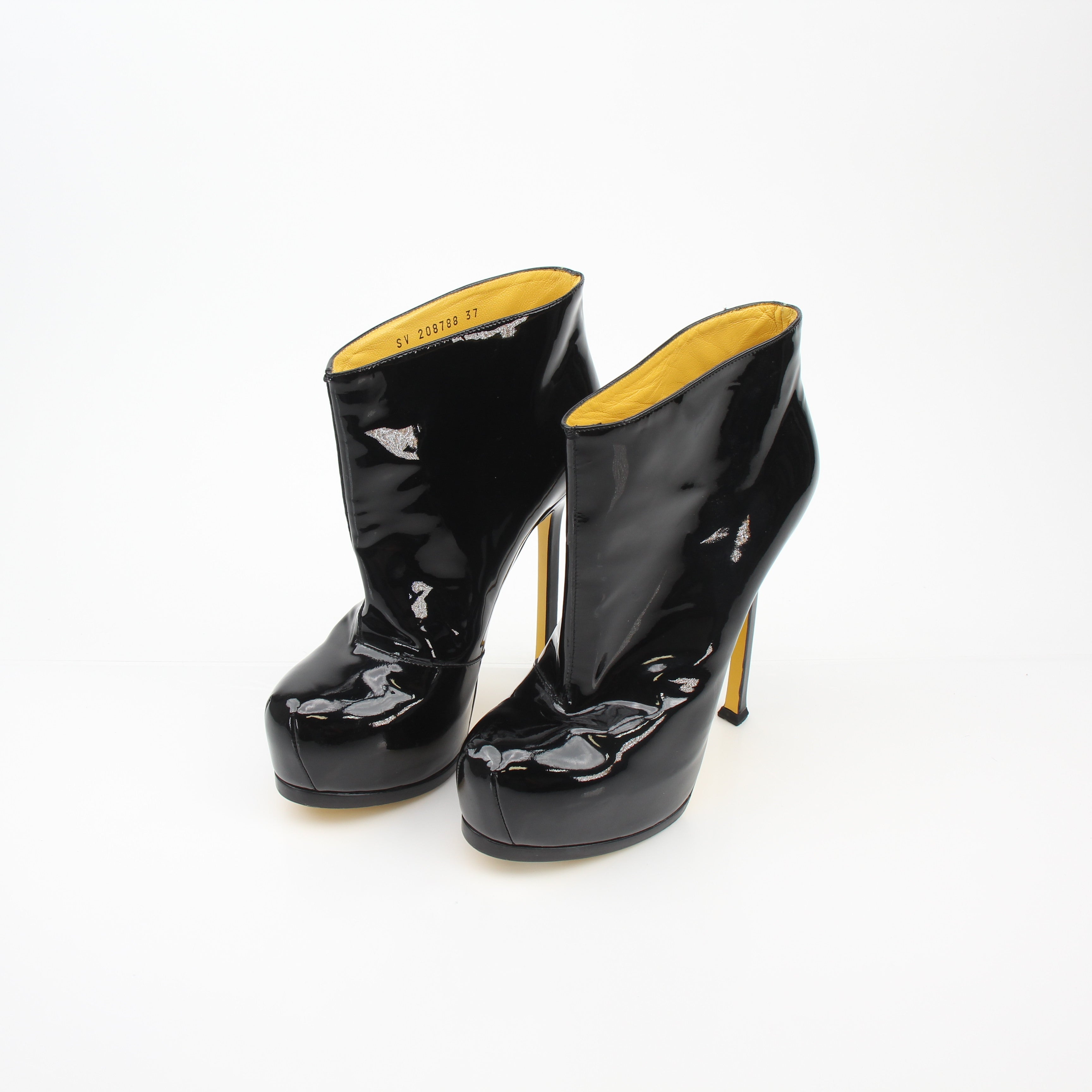 Saint Laurent Tribute Black Patent Leather Platform Ankle Boots