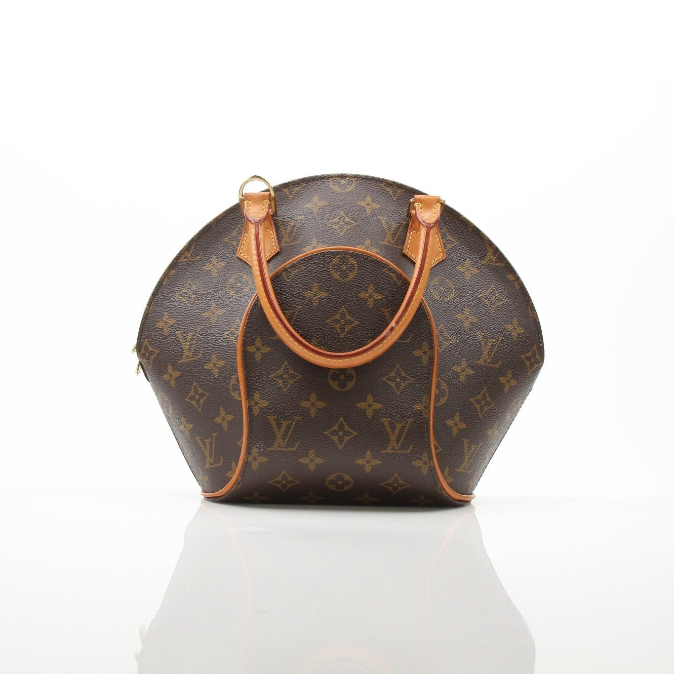 Louis Vuitton Ellipse PM top handle handbag in brown leather with gold hardware, featuring dual handles and spacious interior.