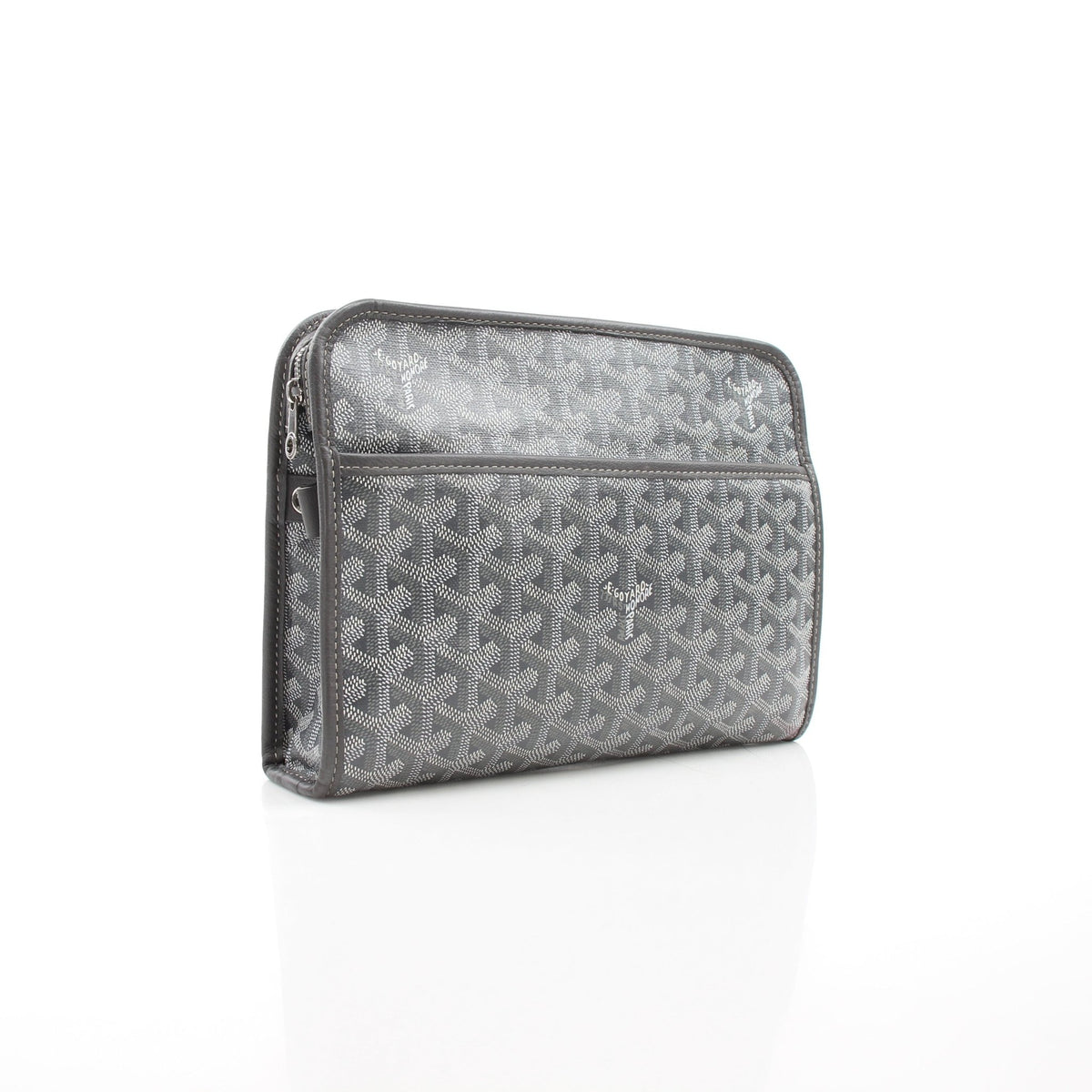 Goyard Jouvence MM toiletry bag in gray Goyardine canvas, featuring a compact rectangular design and wrist strap