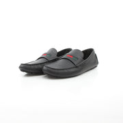 Black leather driver loafers with web detail by Gucci, branded Gold & Beyond