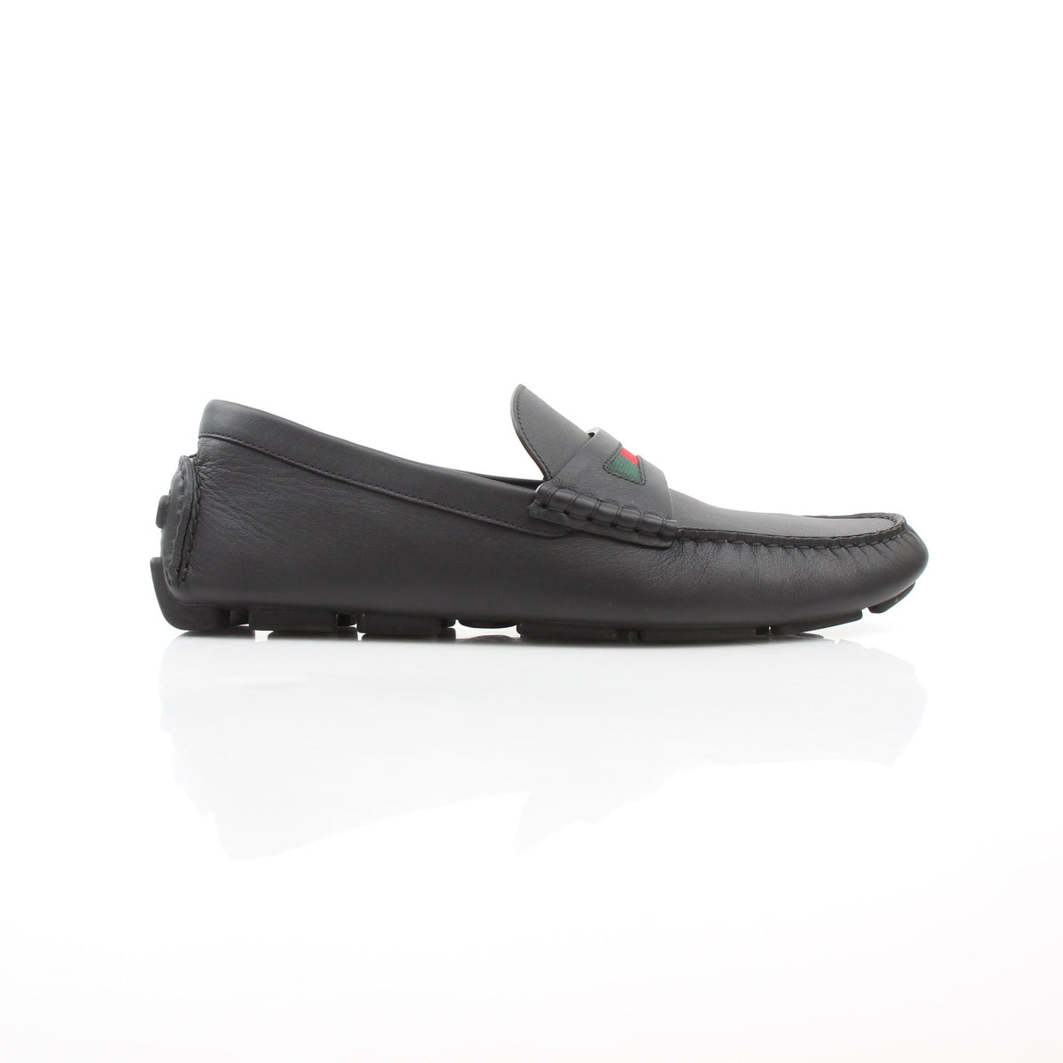 Black leather driver loafers with web detail by Gold & Beyond