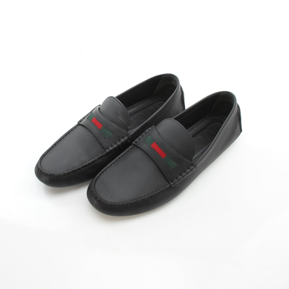Gucci black leather driver loafers with web detail by Gold & Beyond