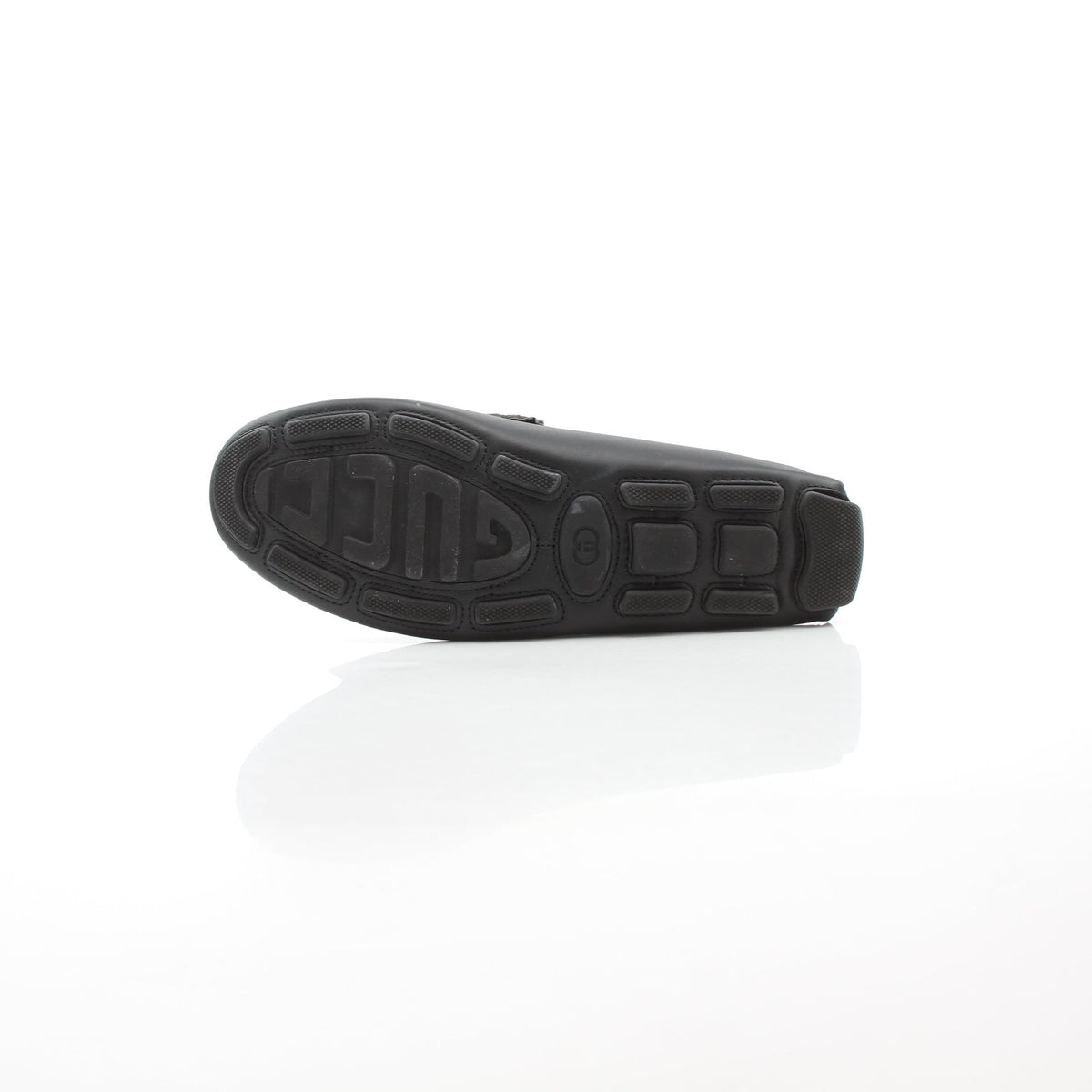 Black leather driver loafers with web detail by Gucci, branded Gold & Beyond