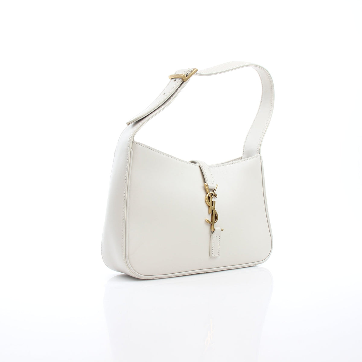 White Saint Laurent Le 5 à 7 Hobo Bag made of smooth leather, showcased with its sleek, rounded shape and elegant design.