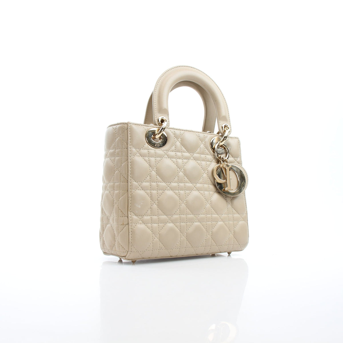 Beige Lady Dior medium handbag by Gold & Beyond with cannage lambskin, top handle, and gold-tone hardware.
