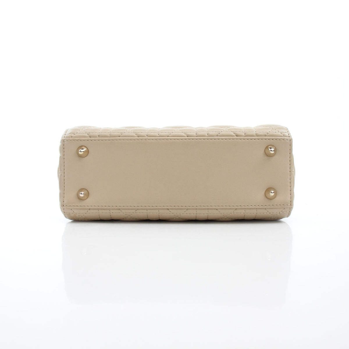 Medium beige Dior Lady Dior handbag with cannage lambskin leather and gold-tone hardware, featuring signature quilting pattern.