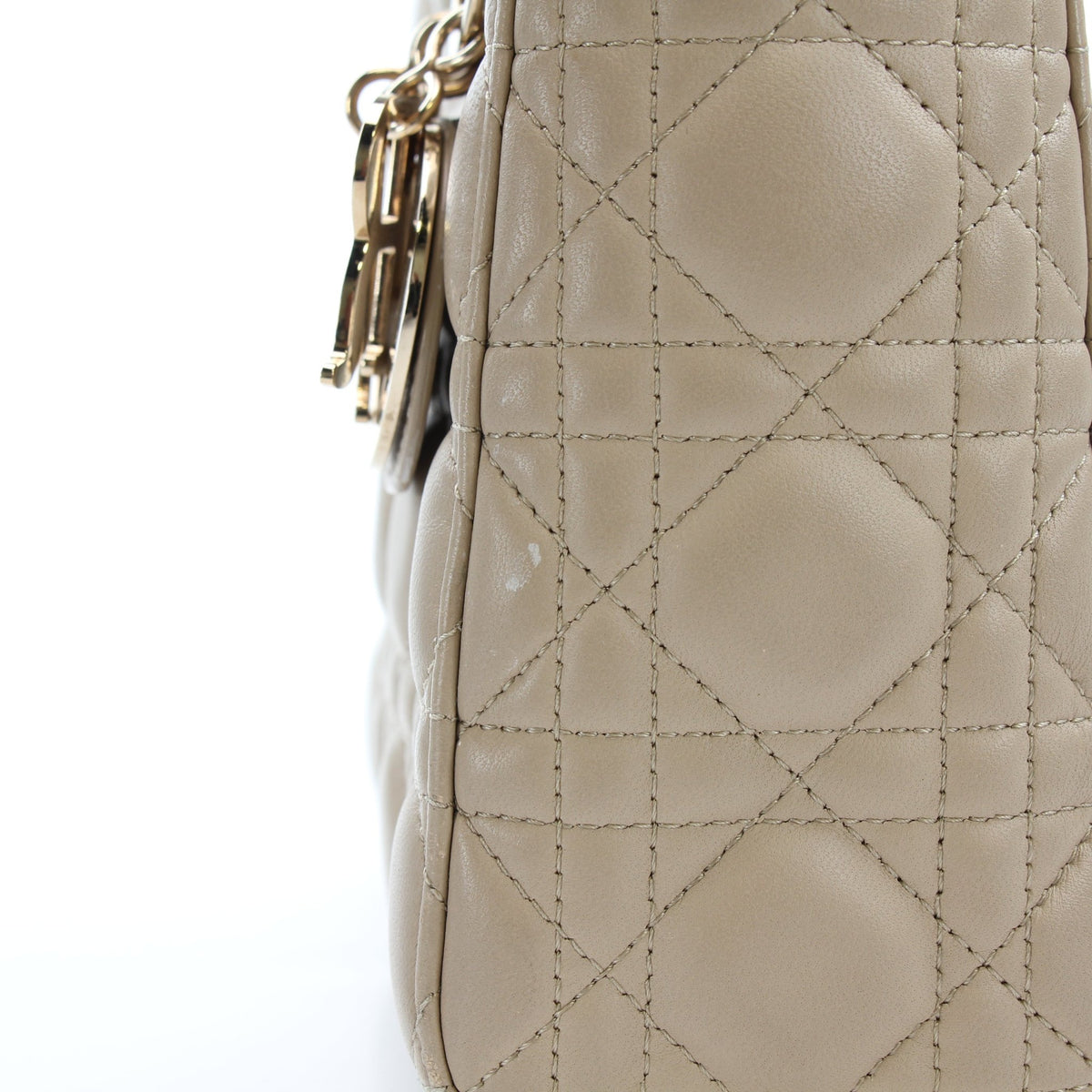 Beige Lady Dior medium handbag by Gold & Beyond featuring Cannage lambskin leather and elegant gold hardware.