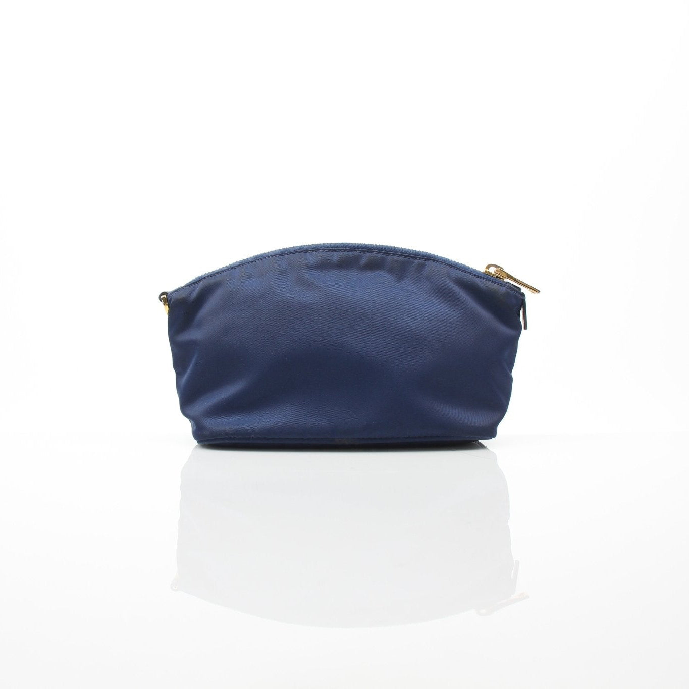 Prada navy blue Re-Nylon cosmetic mini pouch with gold hardware, compact vanity case for makeup and small essentials.