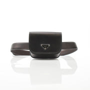 Gold & Beyond Prada black logo plaque belt bag wallet with sleek design and adjustable strap, featuring gold-tone logo hardware.
