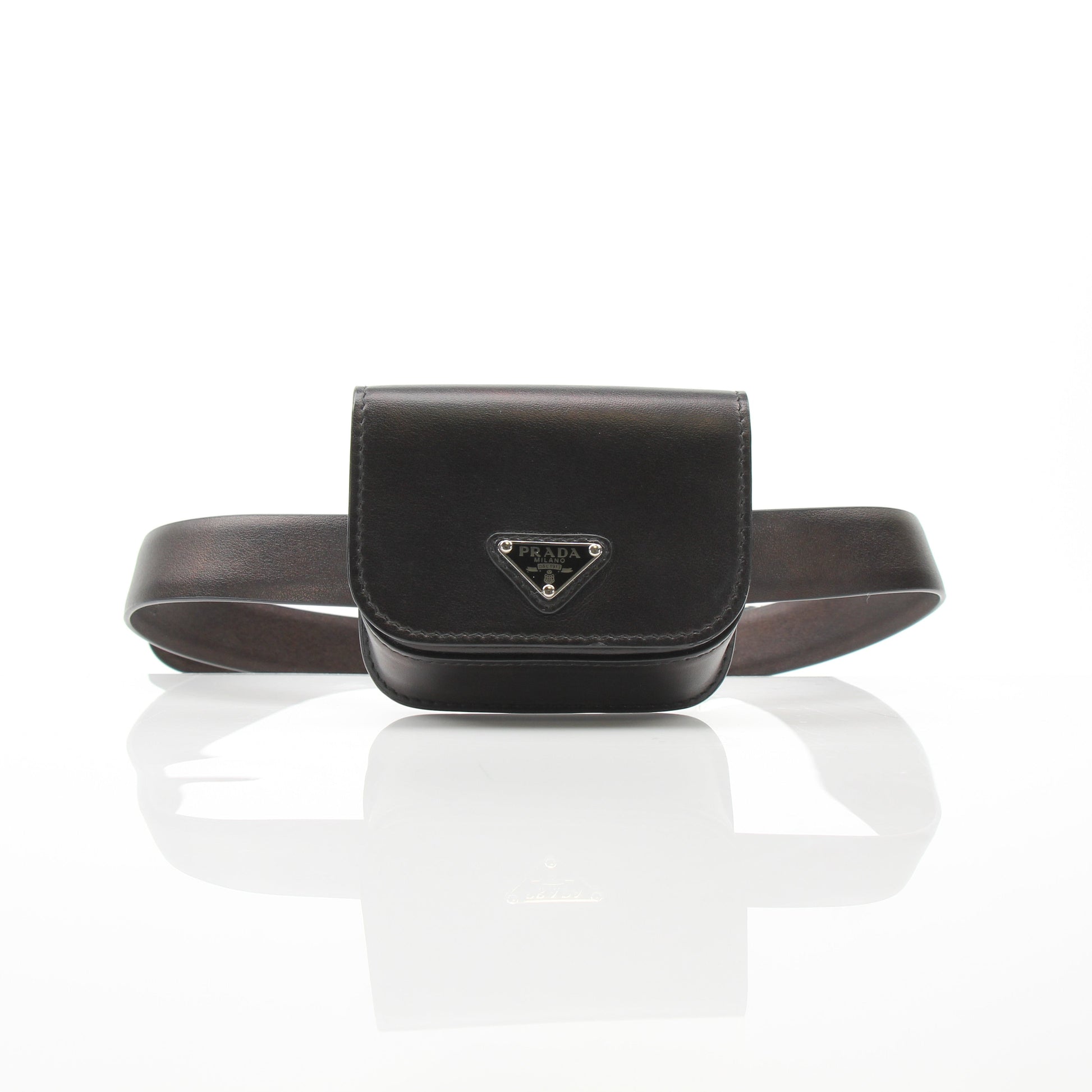 Gold & Beyond Prada black logo plaque belt bag wallet with sleek design and adjustable strap, featuring gold-tone logo hardware.