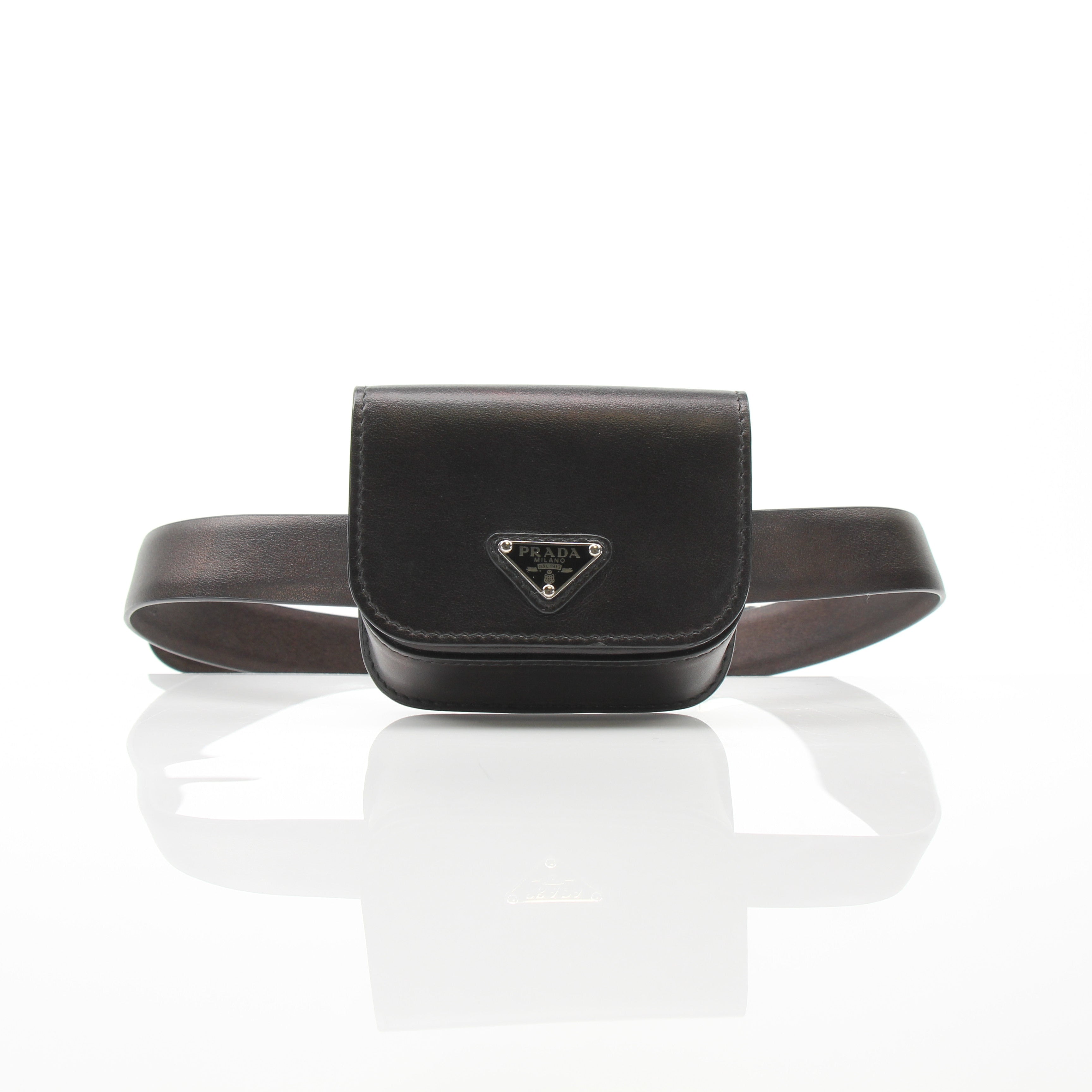Gold & Beyond Prada black logo plaque belt bag wallet with sleek design and adjustable strap, featuring gold-tone logo hardware.