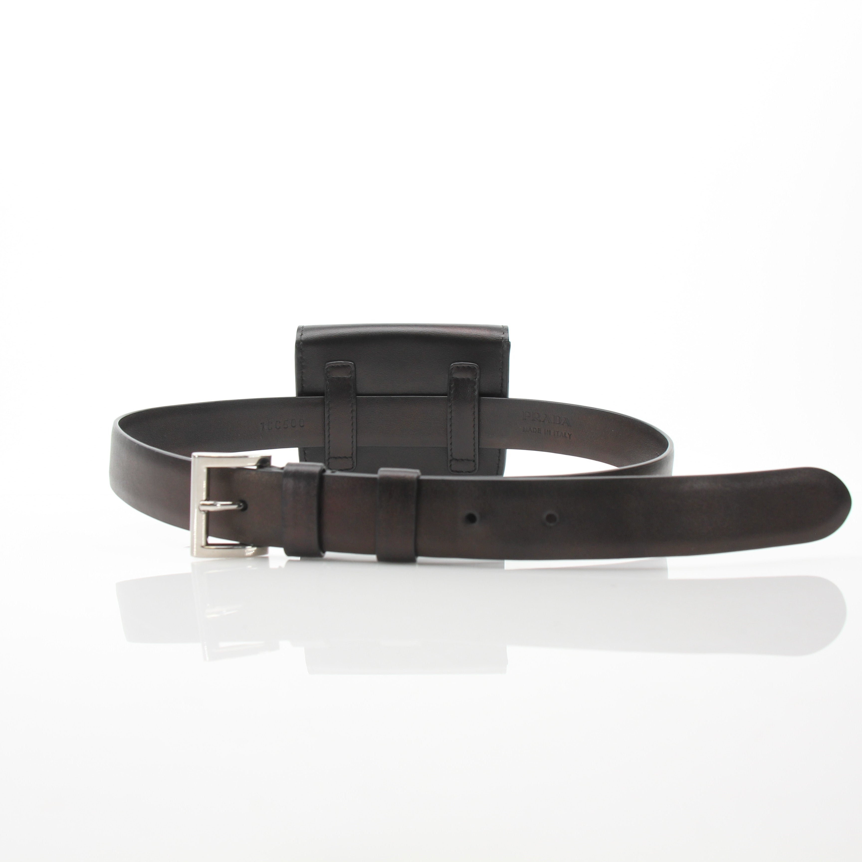 Gold & Beyond Prada black logo plaque belt bag wallet with sleek design and adjustable strap.