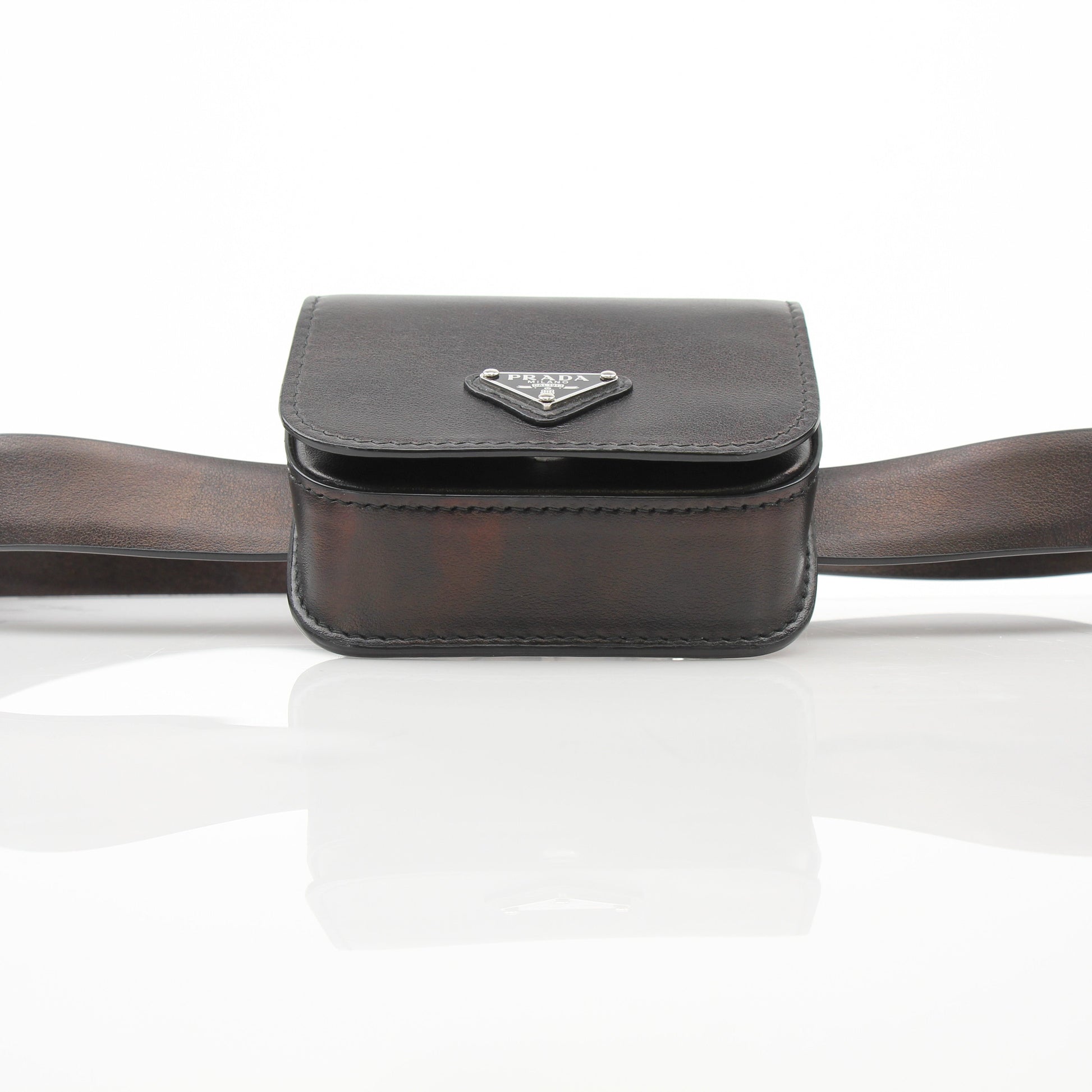 Gold & Beyond Prada black logo plaque belt bag wallet with adjustable strap and sleek design, perfect for everyday use.
