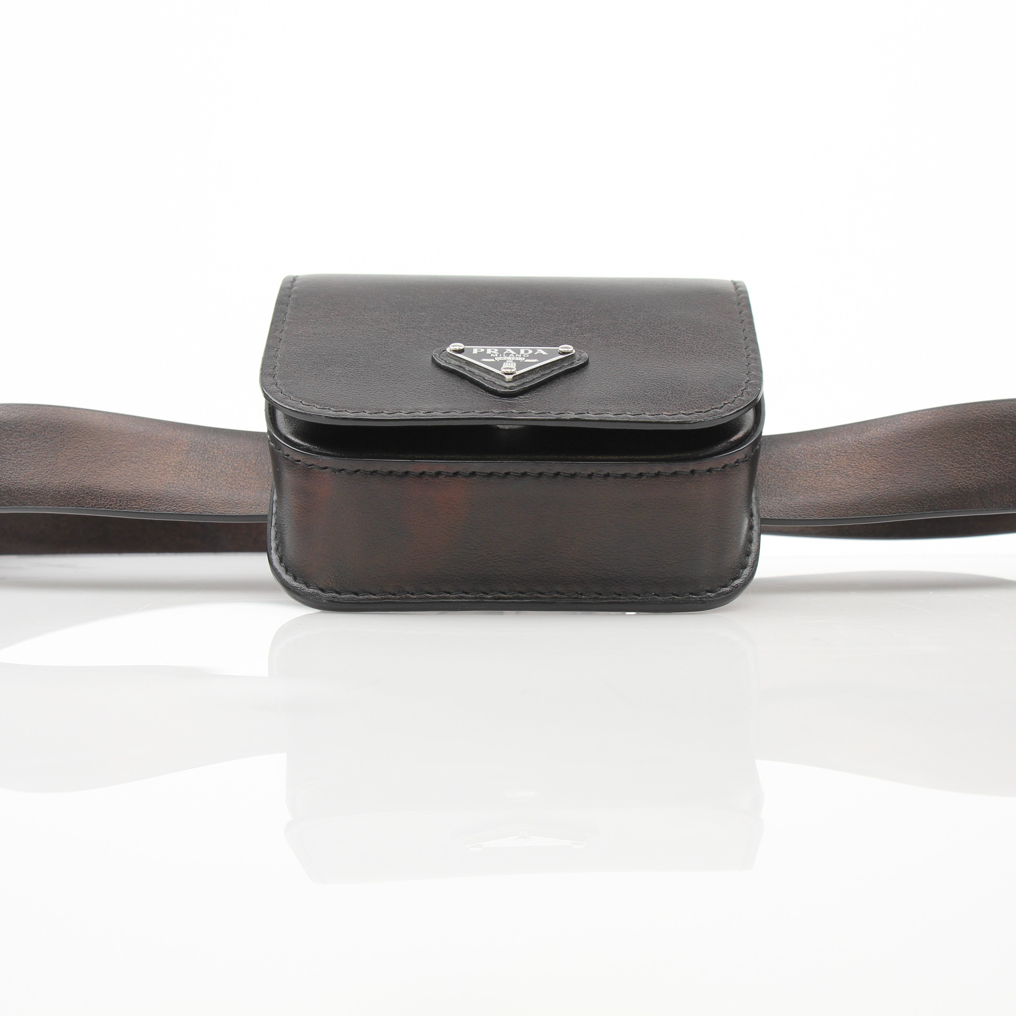 Gold & Beyond Prada black logo plaque belt bag wallet with adjustable strap and sleek design, perfect for everyday use.