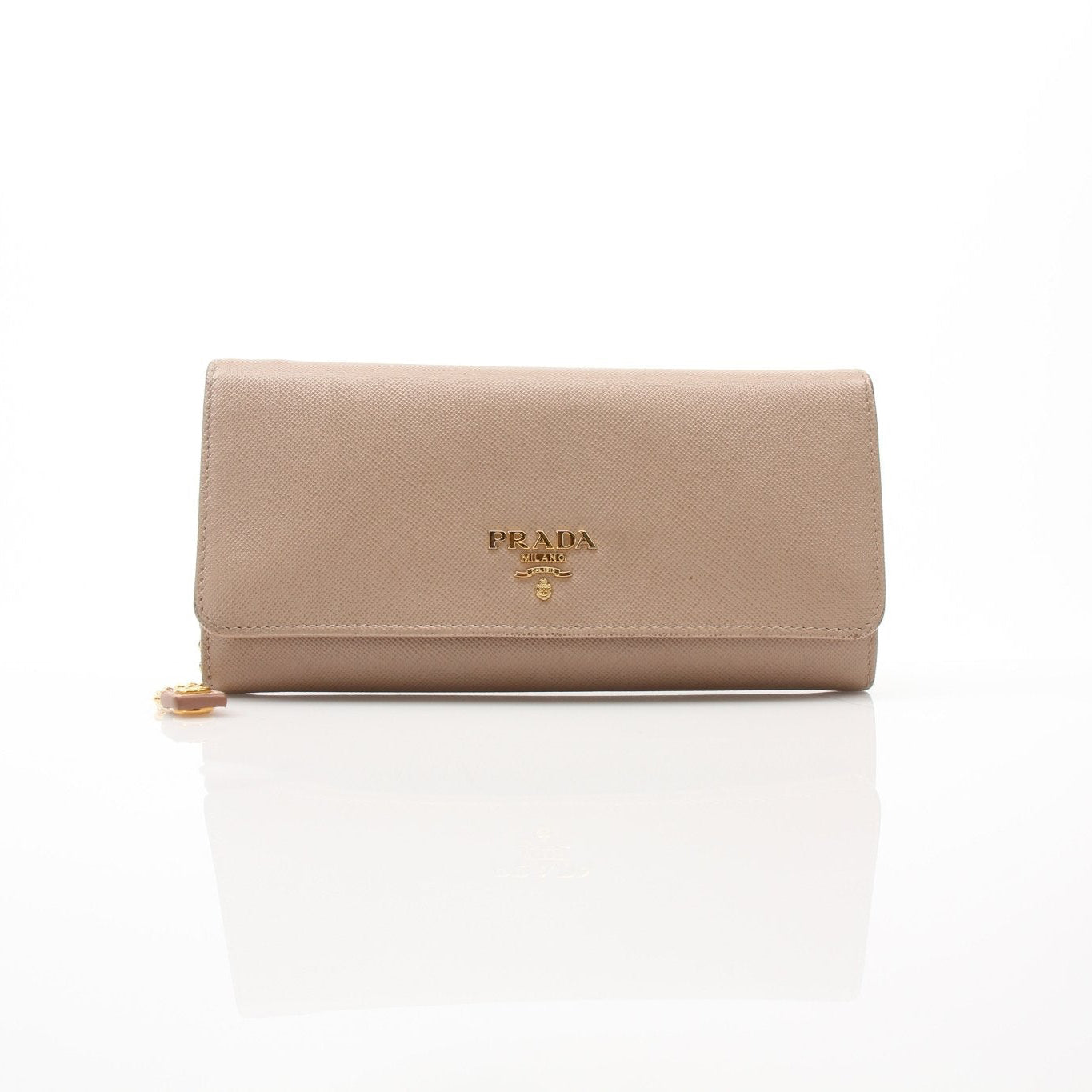 Beige Prada Saffiano Lux Continental Flap Wallet featuring gold accents and textured leather, displayed open showing card slots and interior.