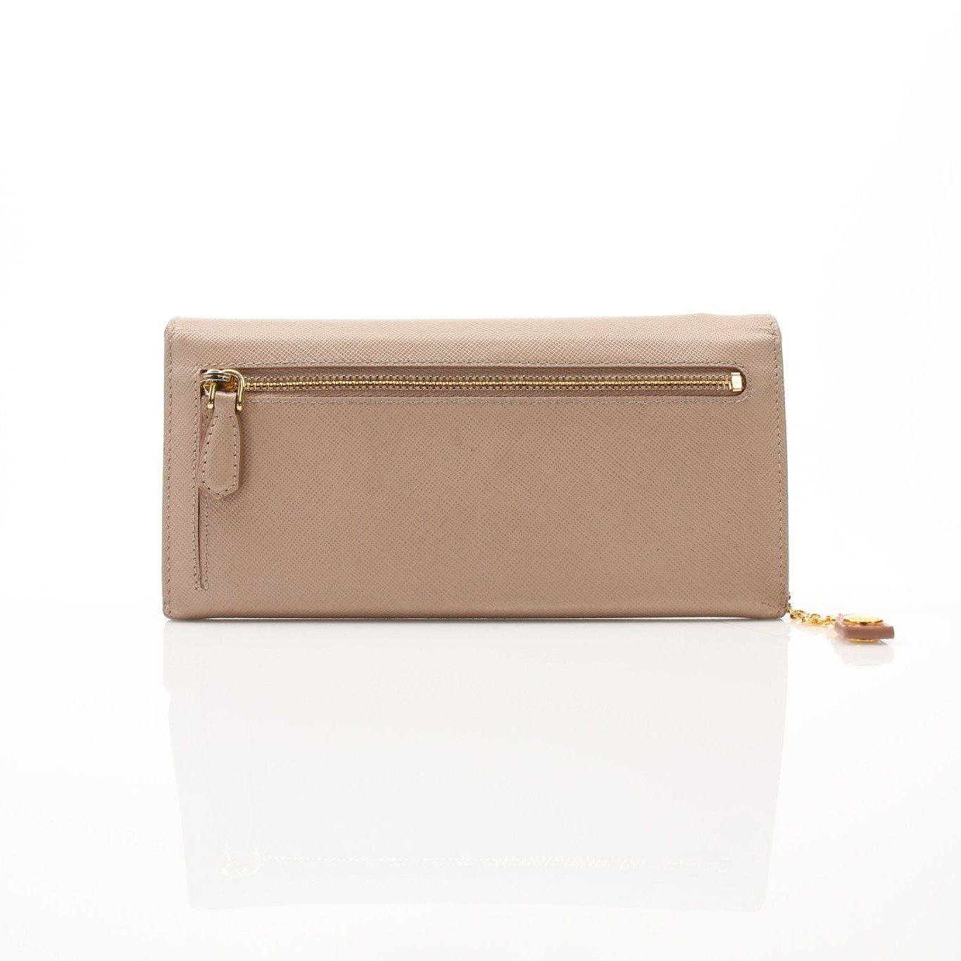 Prada Saffiano Lux beige continental flap wallet, gold hardware, with textured leather and multiple card slots.