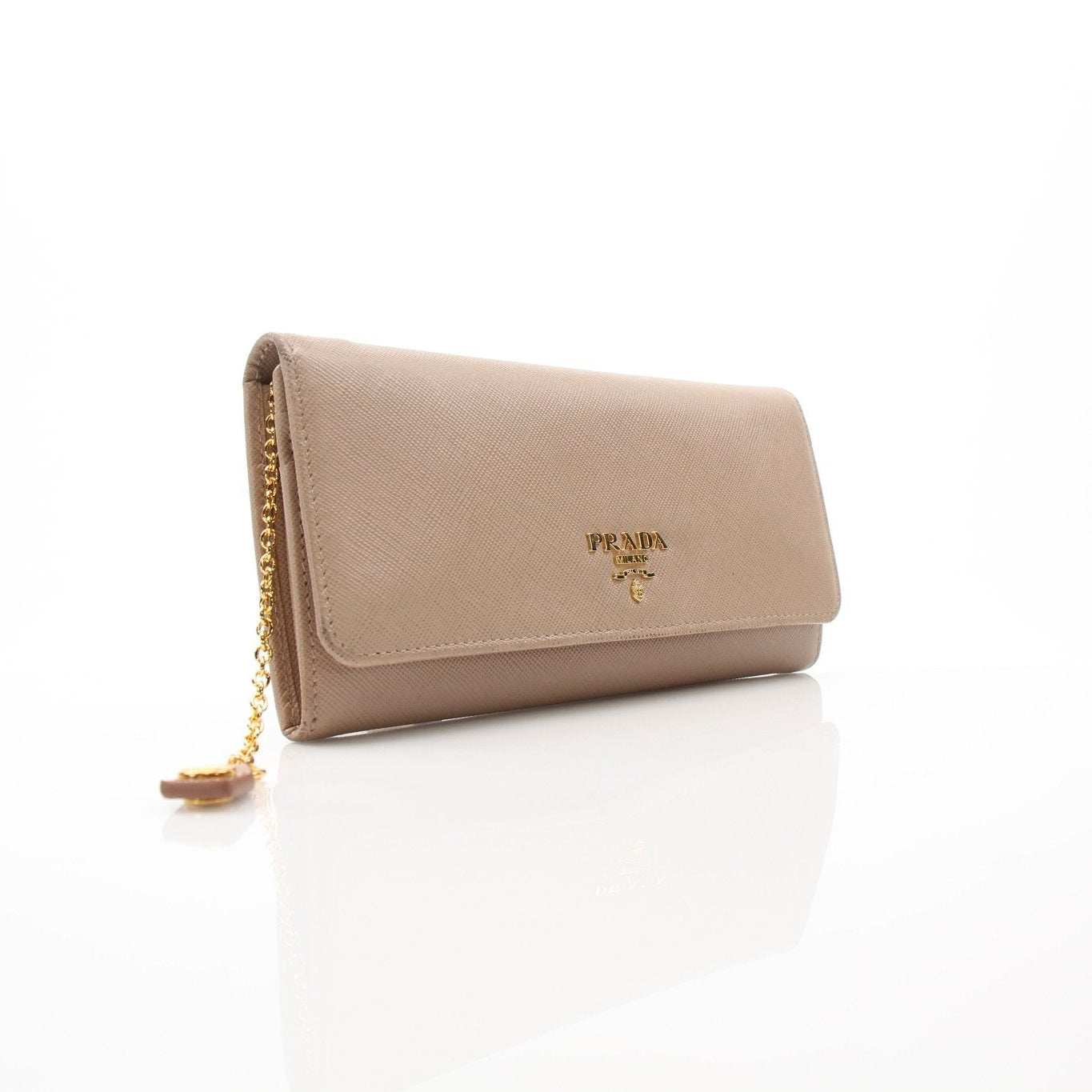 Beige Prada Saffiano Lux Continental Flap Wallet with gold-tone hardware and textured leather, displayed on a white background.
