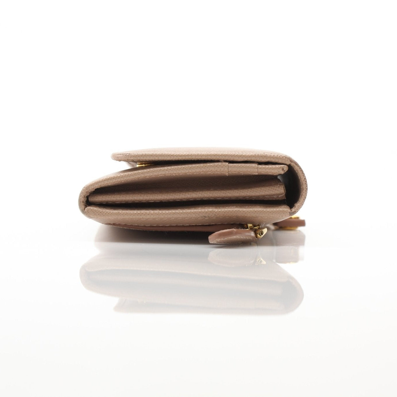 Beige Prada Saffiano Lux Continental Flap Wallet with gold-tone hardware, featuring a textured leather finish and compact design.