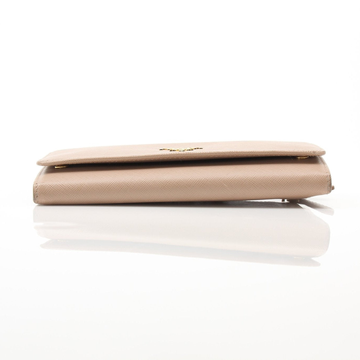 Beige Prada Saffiano Lux Continental Flap Wallet with gold-tone hardware and textured leather exterior.