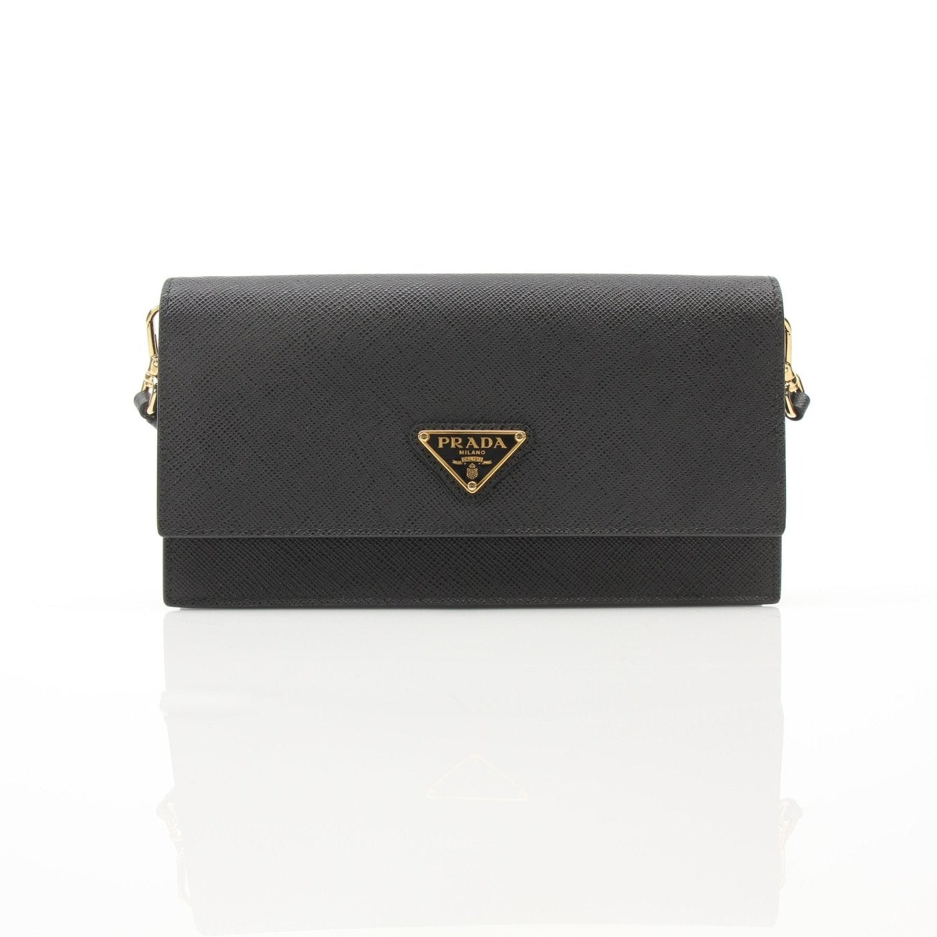 Gold & Beyond Prada Mini Crossbody Bag, stylish handbag with gold chain strap and sleek design, displayed on a neutral background.
