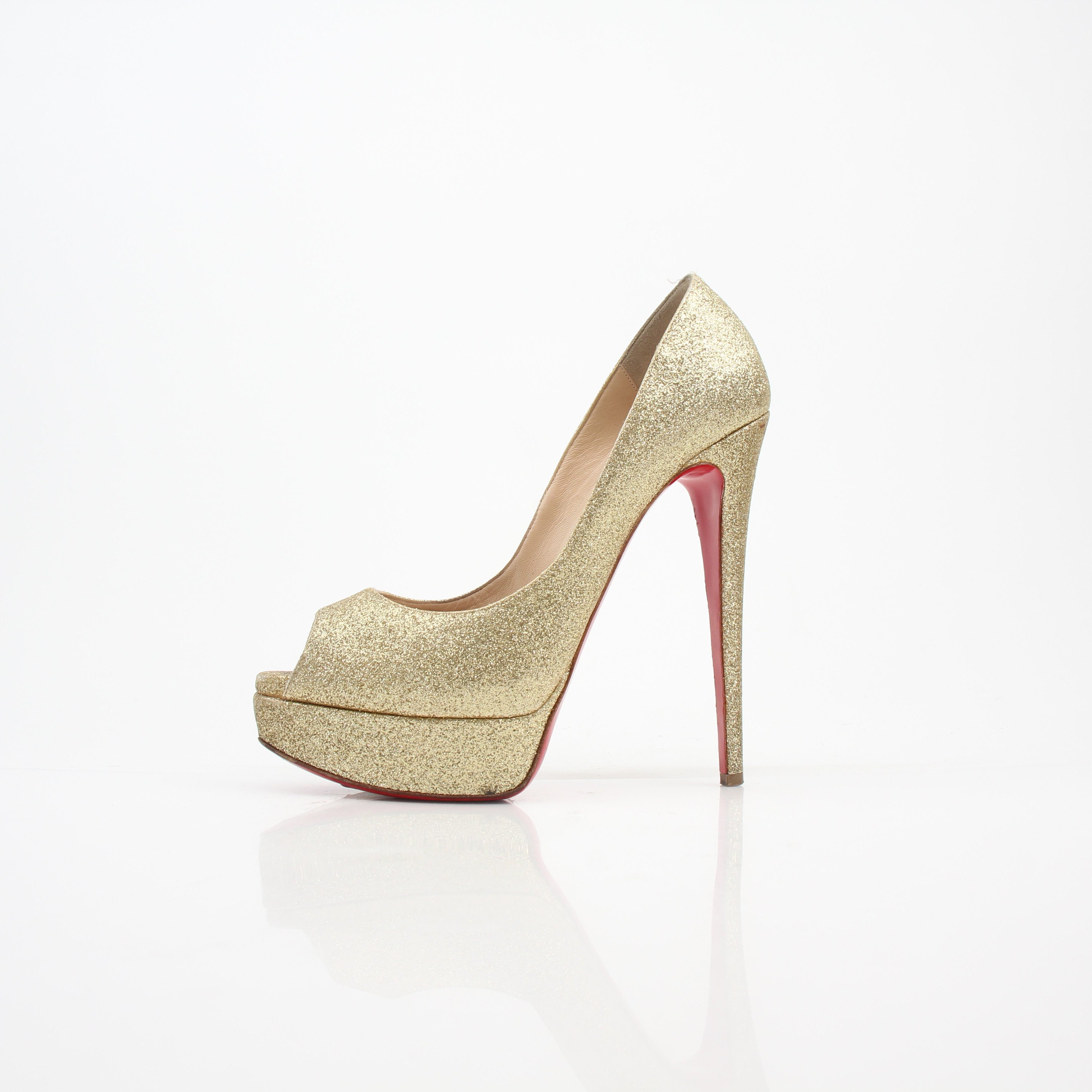 Christian Louboutin Lady Peep Gold Glitter Platform Pumps