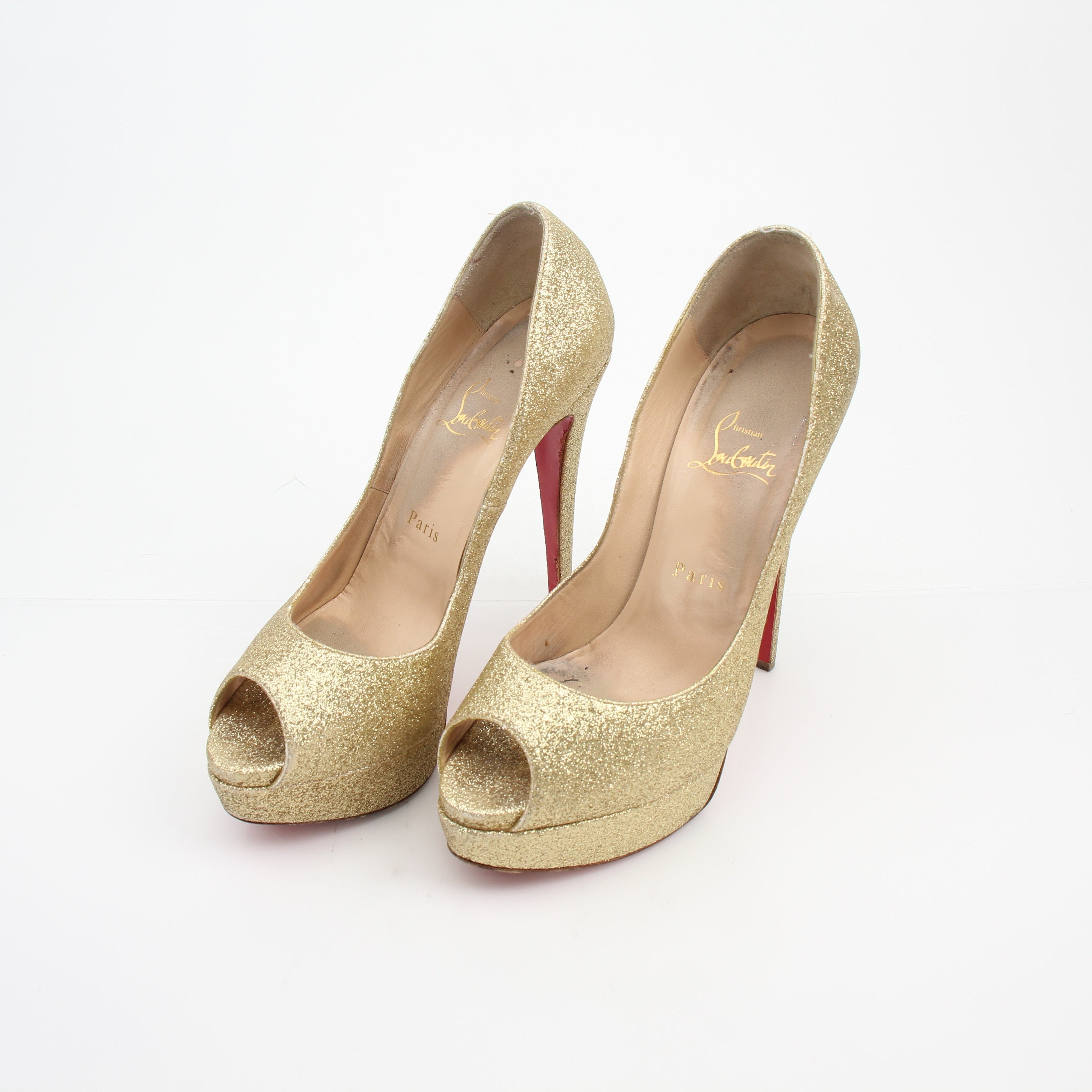 Christian Louboutin Lady Peep Gold Glitter Platform Pumps