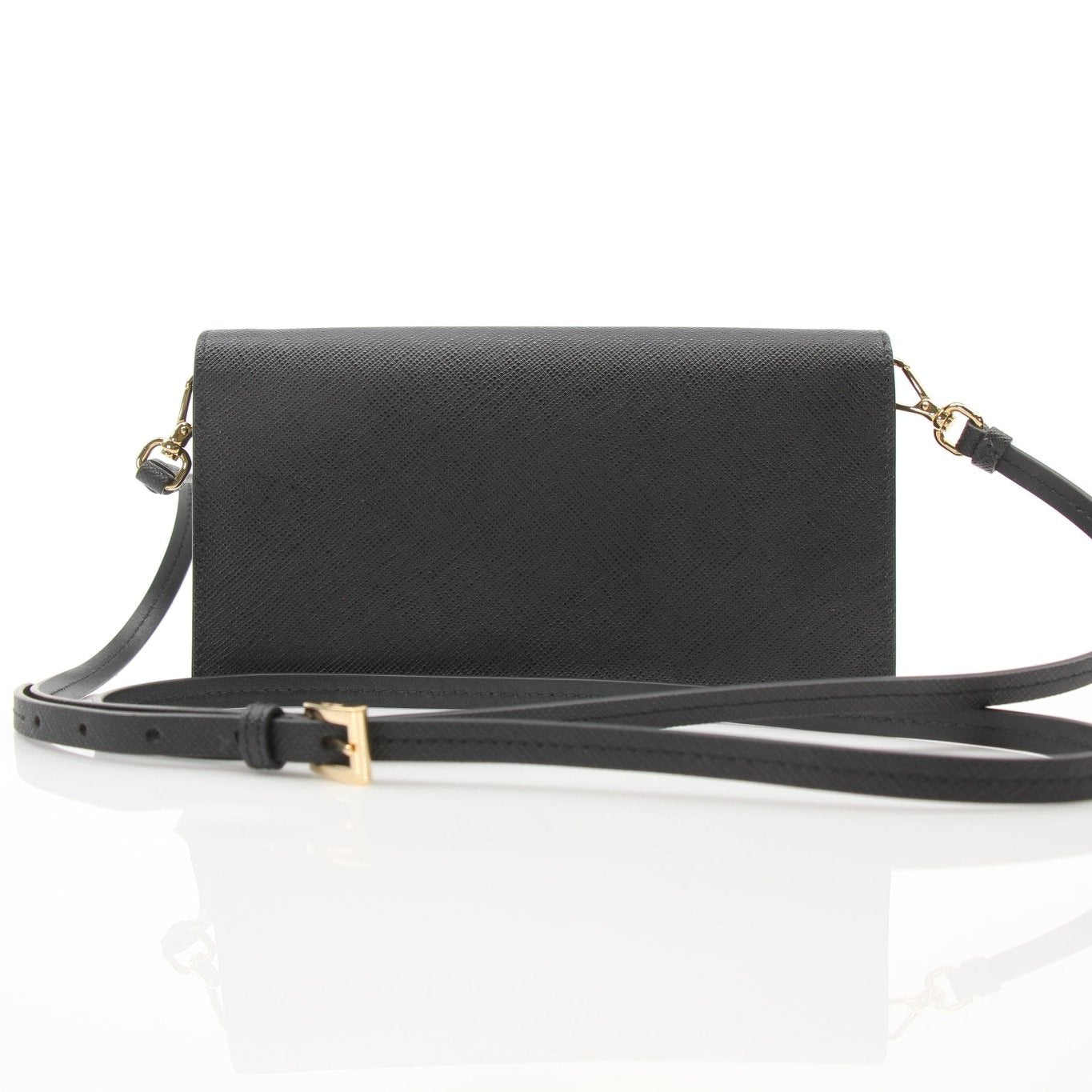 Gold & Beyond Prada Mini Crossbody Bag handbag with gold-tone chain and logo, featuring a compact design and stylish exterior.