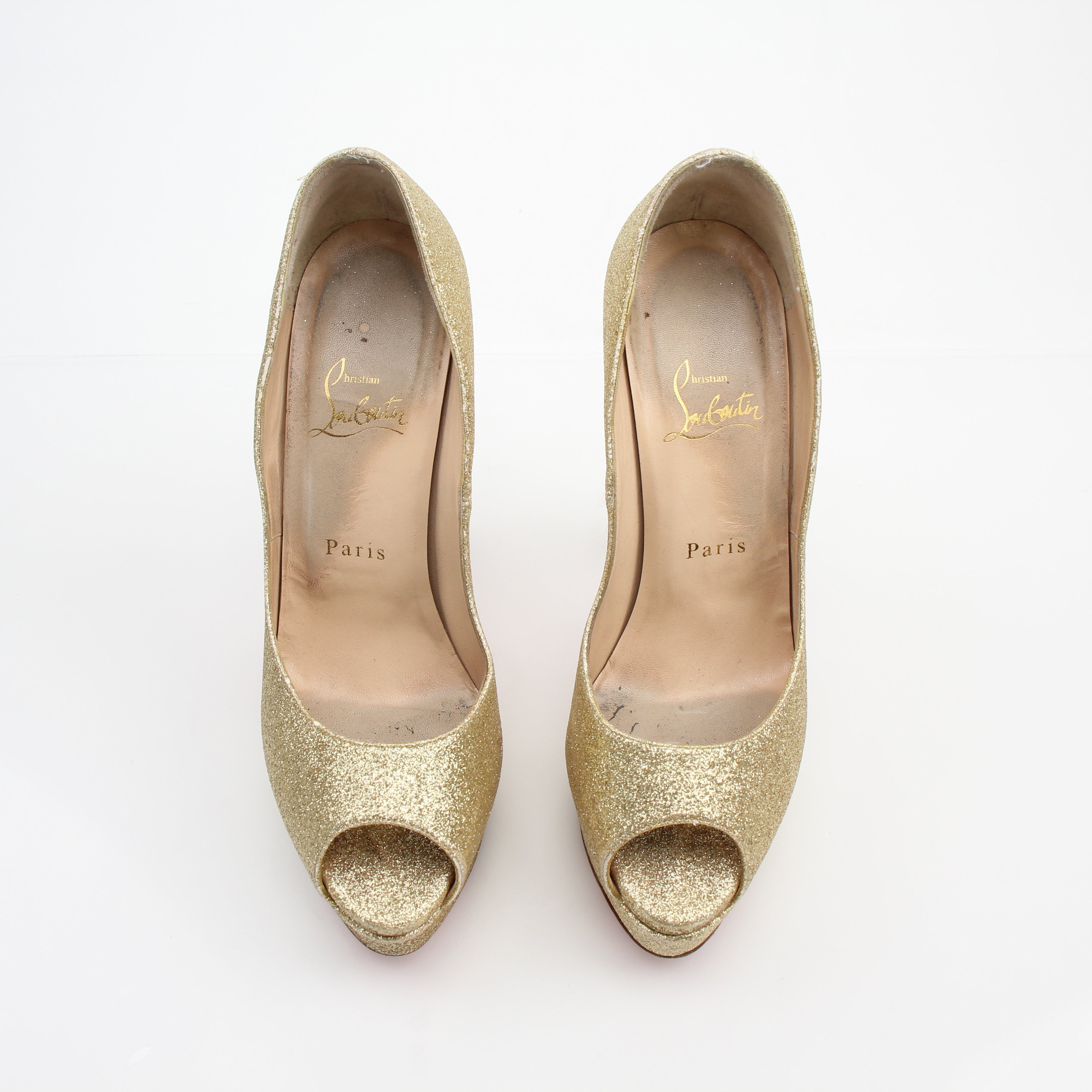 Christian Louboutin Lady Peep Gold Glitter Platform Pumps