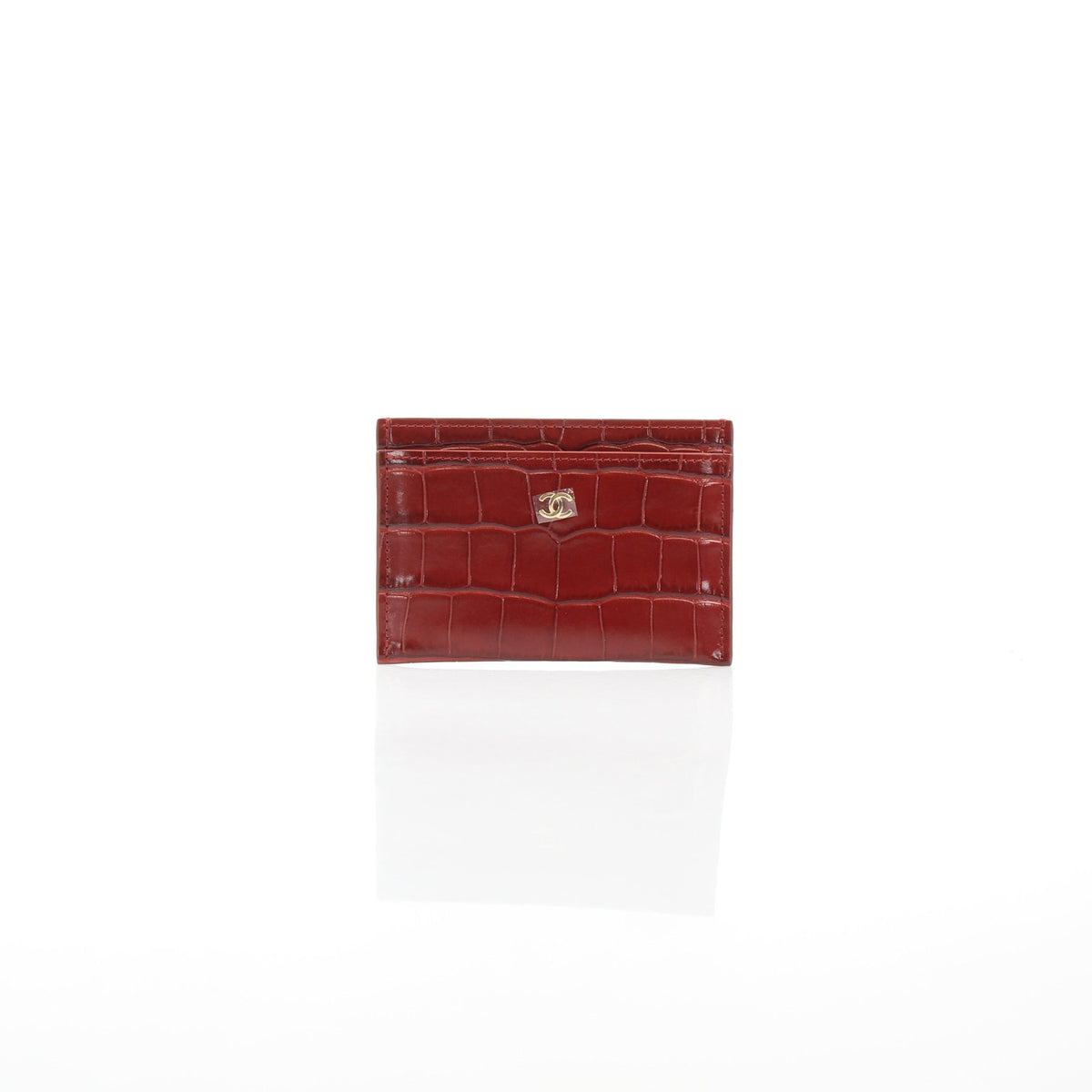 Chanel dark red crocodile-embossed calfskin card holder with slim card slots