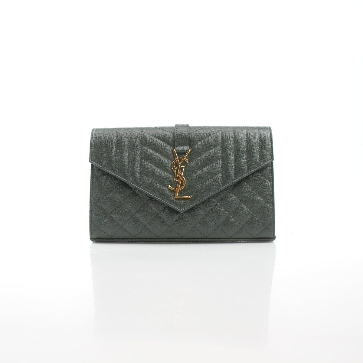 Dark green Saint Laurent Cassandre envelope chain wallet handbag with gold-tone chain and compact design.