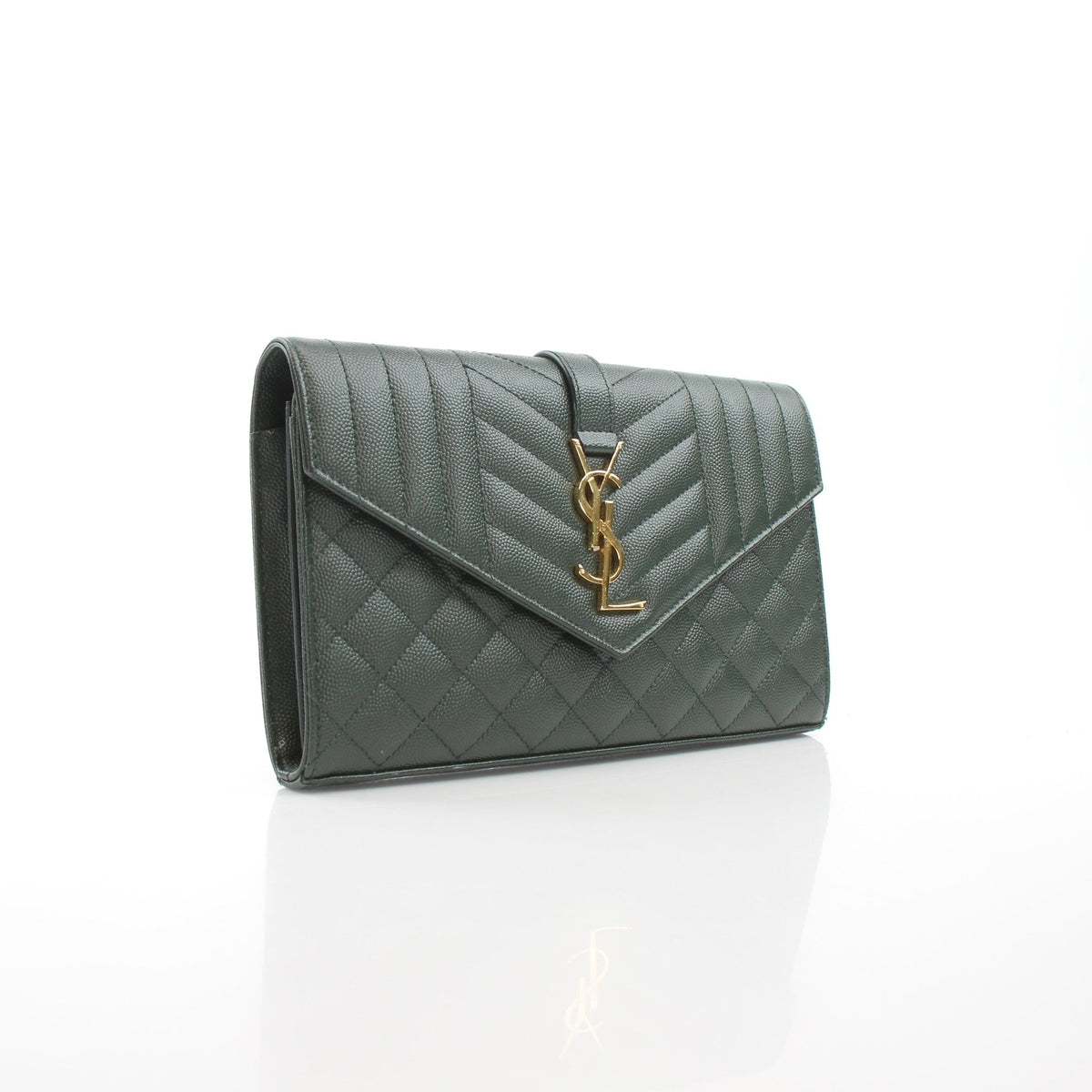 Dark green Saint Laurent Cassandre envelope chain wallet with gold chain and compact design, styled as a luxury handbag.