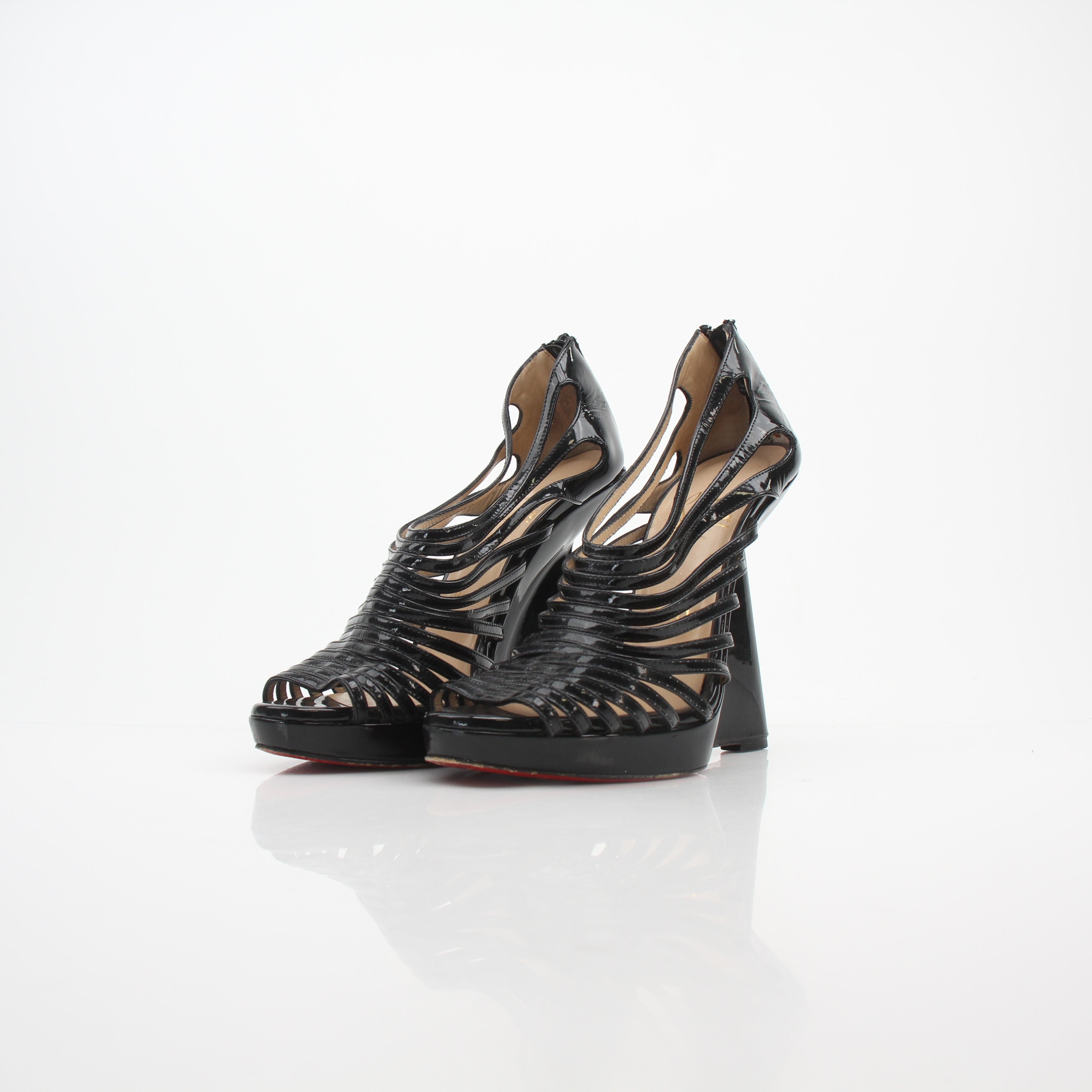 Christian Louboutin DisQueen Black Patent Leather Cage Wedges