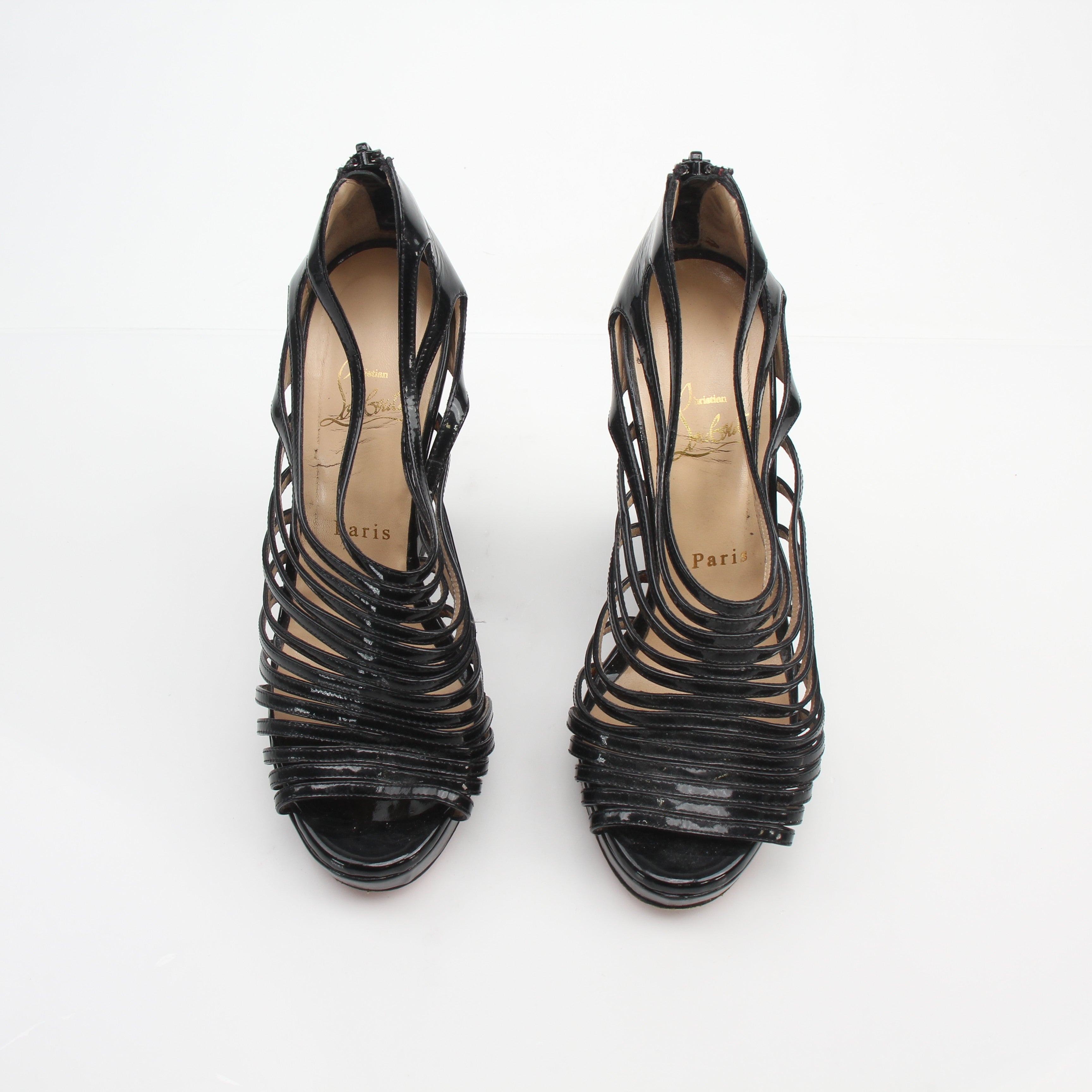 Christian Louboutin DisQueen Black Patent Leather Cage Wedges
