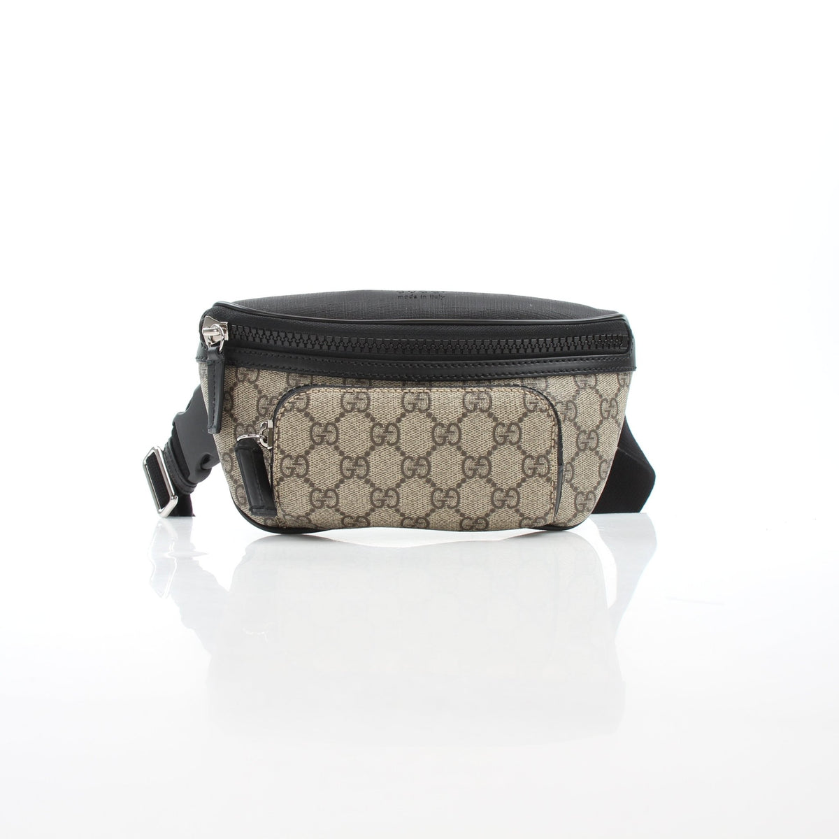 Gucci GG Supreme monogram large belt bag in beige, ebony, and black with adjustable strap and gold-tone hardware.