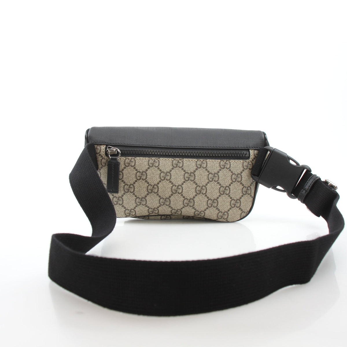 Gucci GG Supreme Monogram large beige and black belt bag, stylish handbag with adjustable strap and gold-tone hardware.