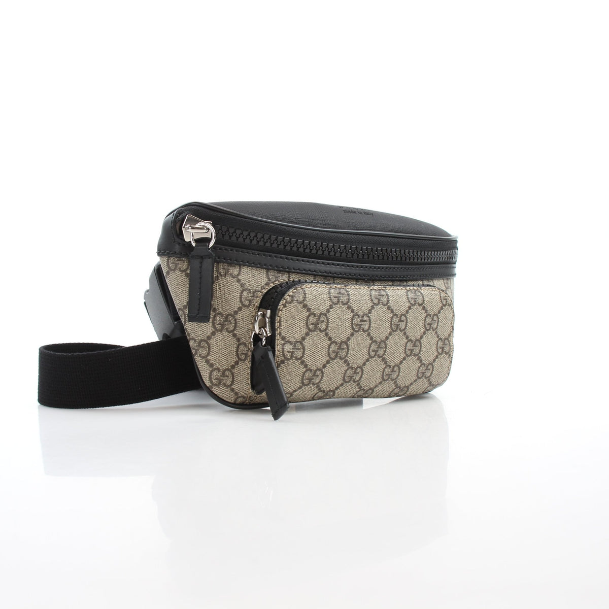 Gold & Beyond Gucci GG Supreme monogram large belt bag in beige, ebony, and black with adjustable strap and gold-tone hardware.