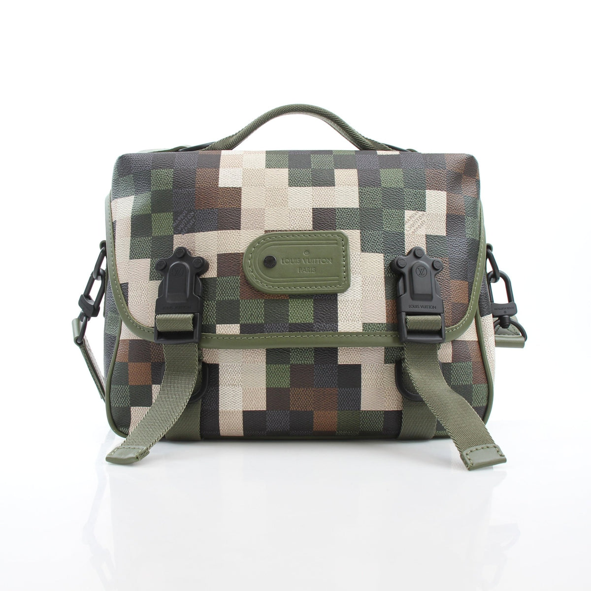 Louis Vuitton green Damoflage LV Trail Messenger Bag, Gold & Beyond handbag with adjustable strap and LV logo details.