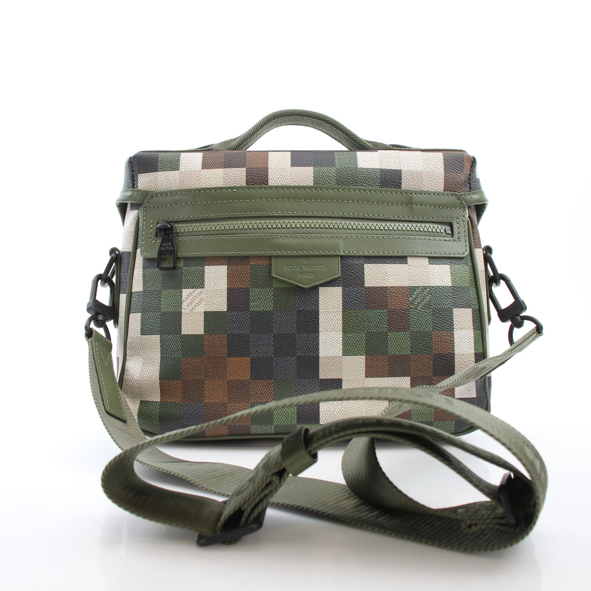 Louis Vuitton green camouflage LV Trail messenger bag, hand-held designer handbag with adjustable strap and signature logo details.