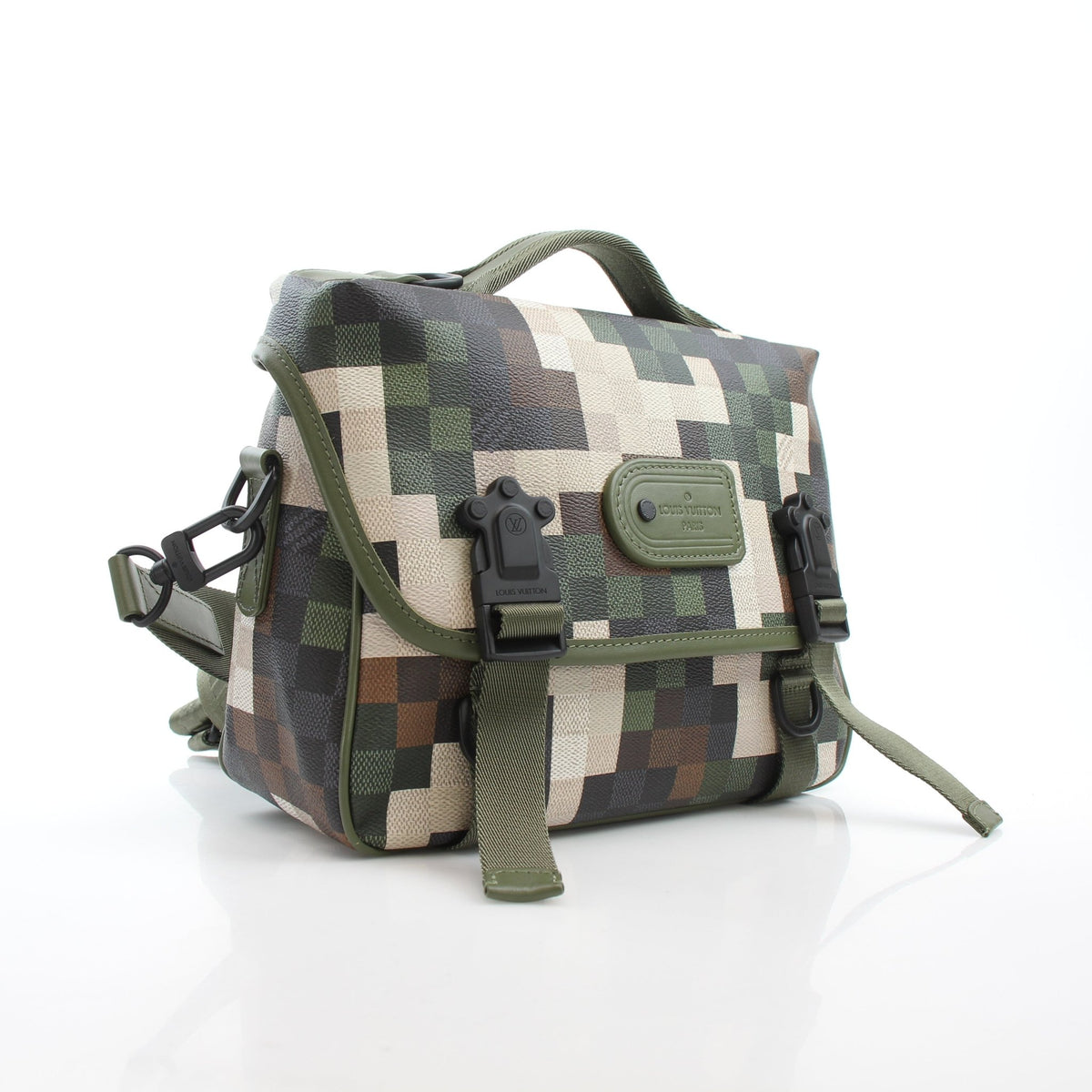 Louis Vuitton green camouflage LV Trail messenger handbag with adjustable strap and gold hardware, featuring the iconic LV logo.