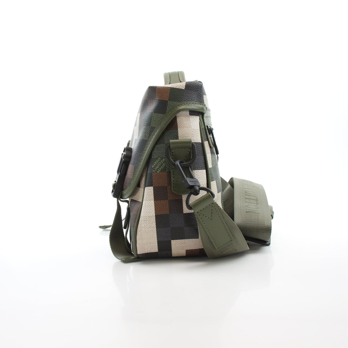 Louis Vuitton green Damoflage LV Trail Messenger Bag with adjustable strap and gold accents, displayed on a plain background.