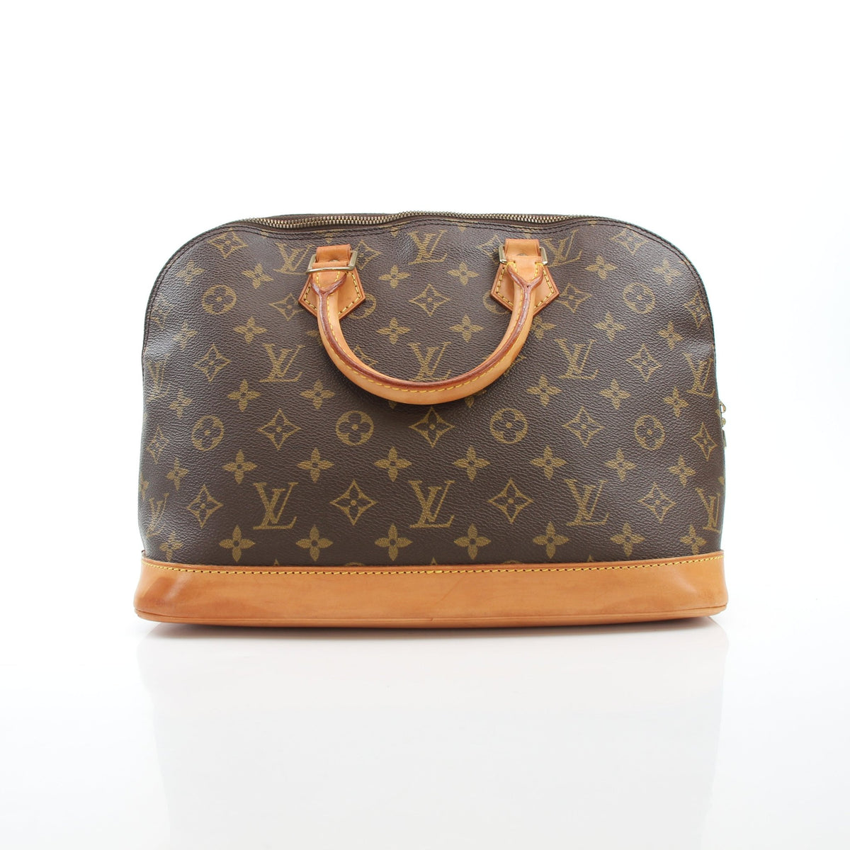 Louis Vuitton Monogram Alma PM handbag in brown coated canvas with gold hardware and top handles.